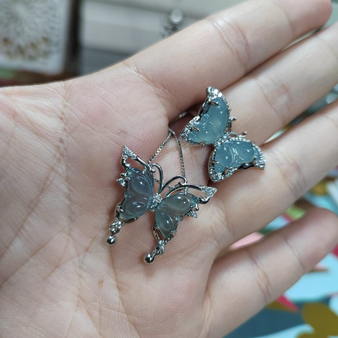 Natural Untreated Guatemala A-Grade Ring & Necklace Set Guatemala Natural Icy Ocean Blue Jadeite "Butterfly" Pendant on 18k White Gold Plate - SL Precious