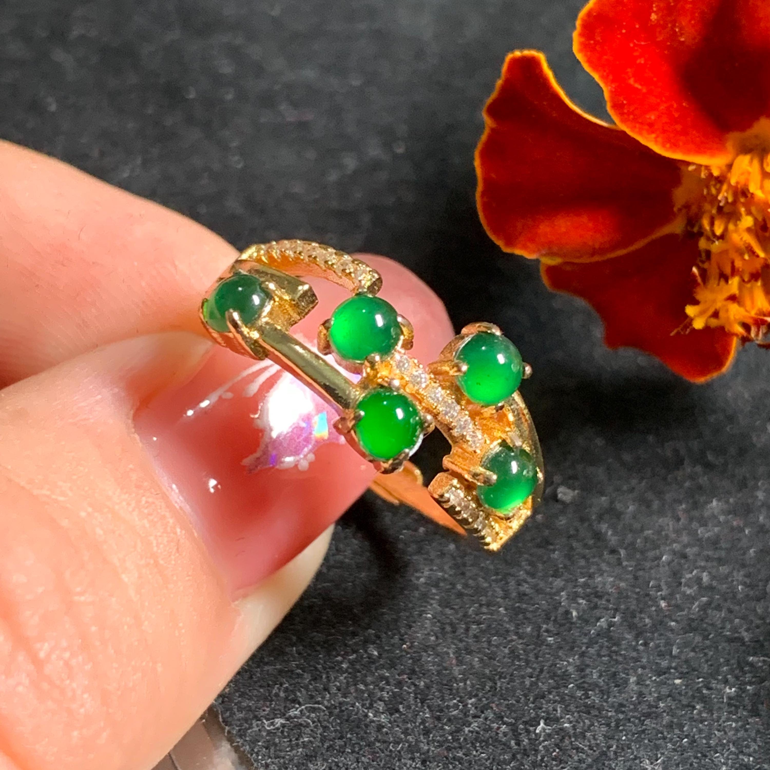 Elegant 5pcs Certified Imperial Green Guatemala Jadeite Rings, Untreated Natural Gemstones with Zircon, 18K Gold Plated SL247X6 - SL Precious