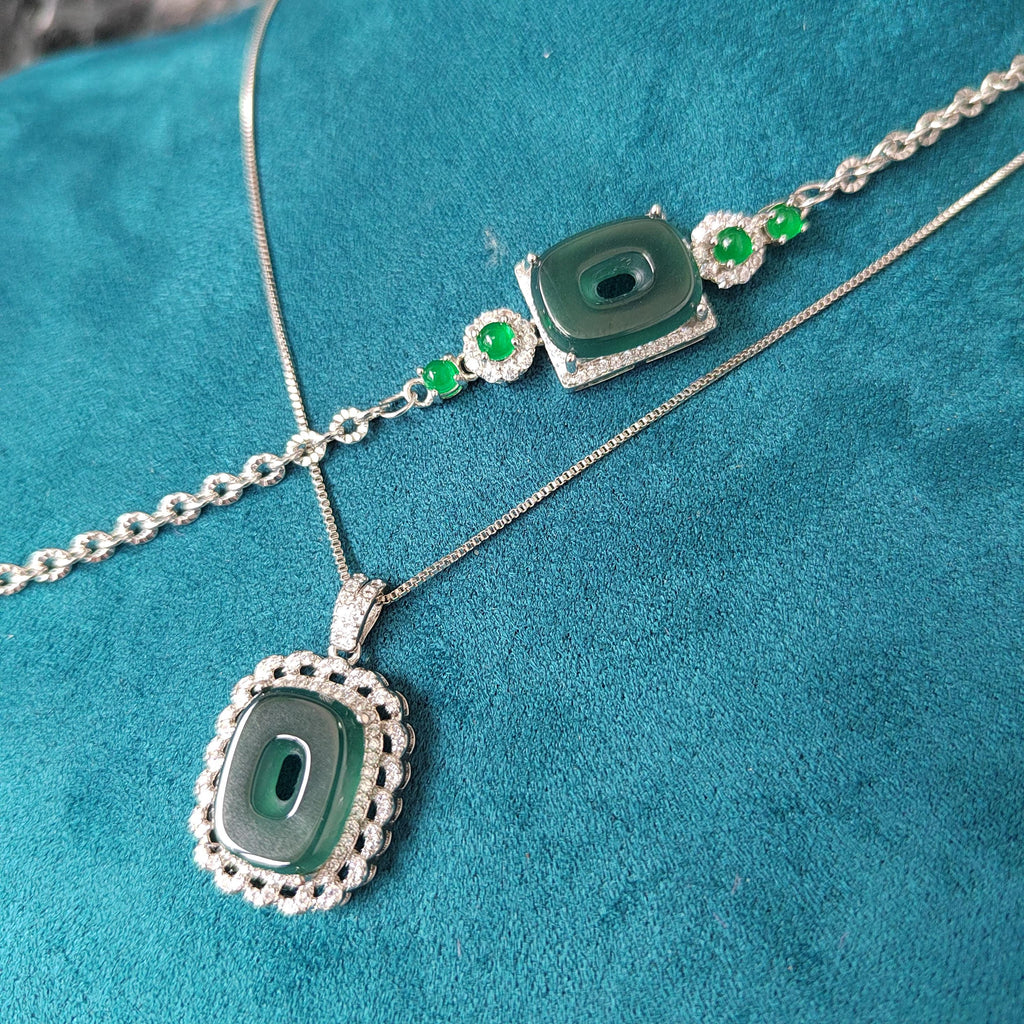 2pcs Set Square Natural Guatemala Bluish Green Bracelet Necklace 4 Imperial Green Jadeite Pendant Gemstone 925 18k Plated 老蓝水 SL053 - SL Precious