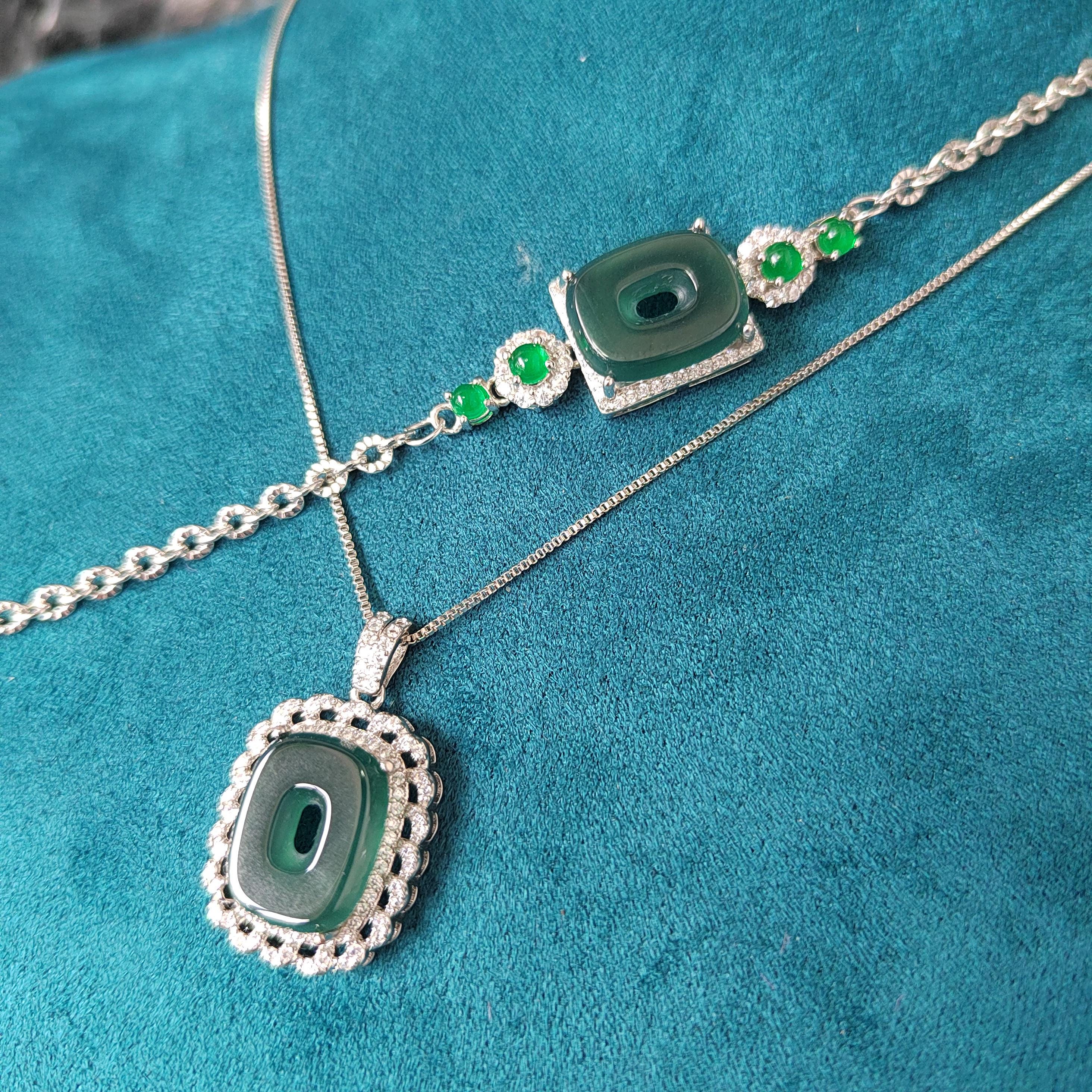 2pcs Set Square Natural Guatemala Bluish Green Bracelet Necklace 4 Imperial Green Jadeite Pendant Gemstone 925 18k Plated 老蓝水 SL053 - SL Precious