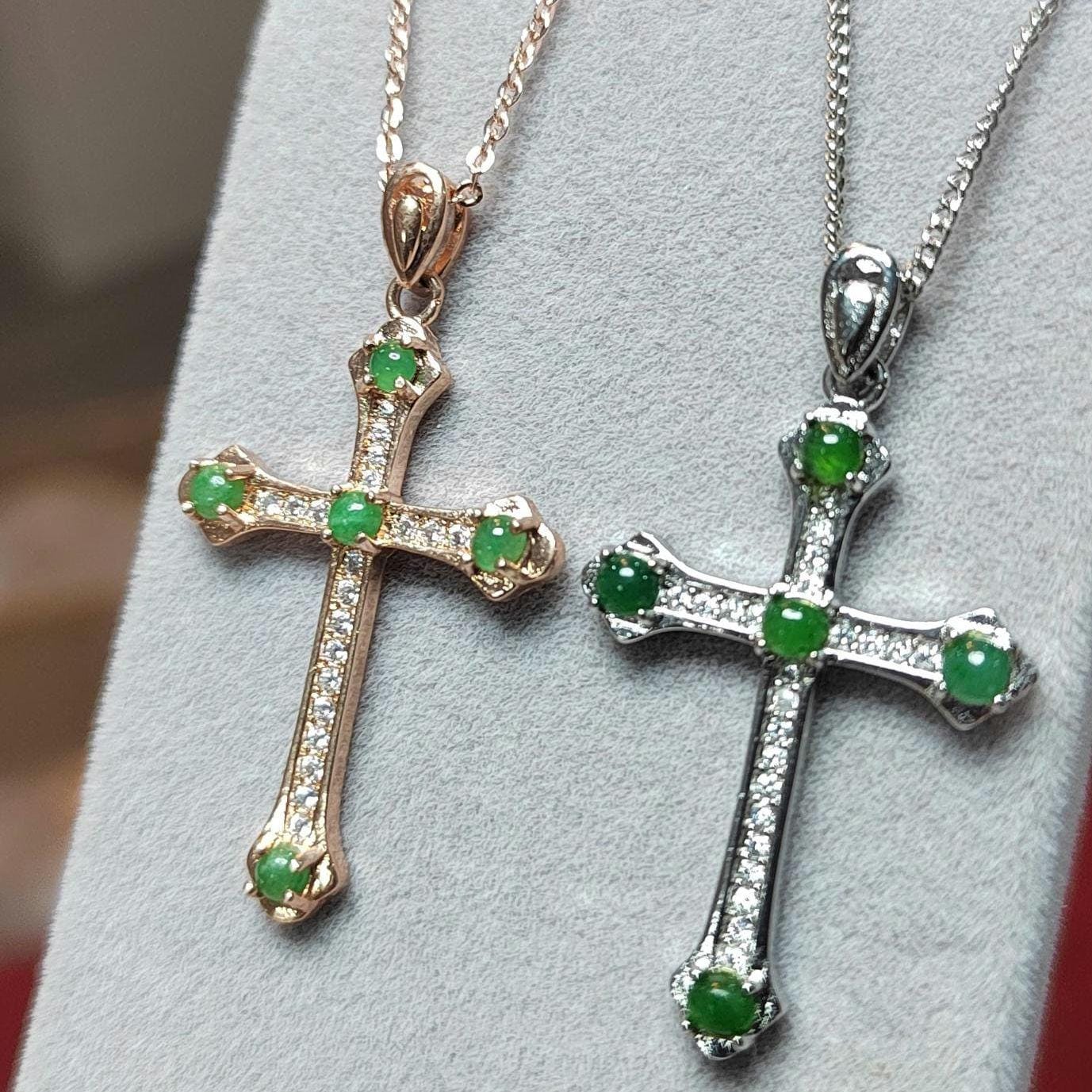 Natural Burmese Jadeite Apple Green, Imperial Green & Bright Green 925 18k White/Rose Gold Christian Cross Pendant/Chain Jewelry SL030 - SL Precious