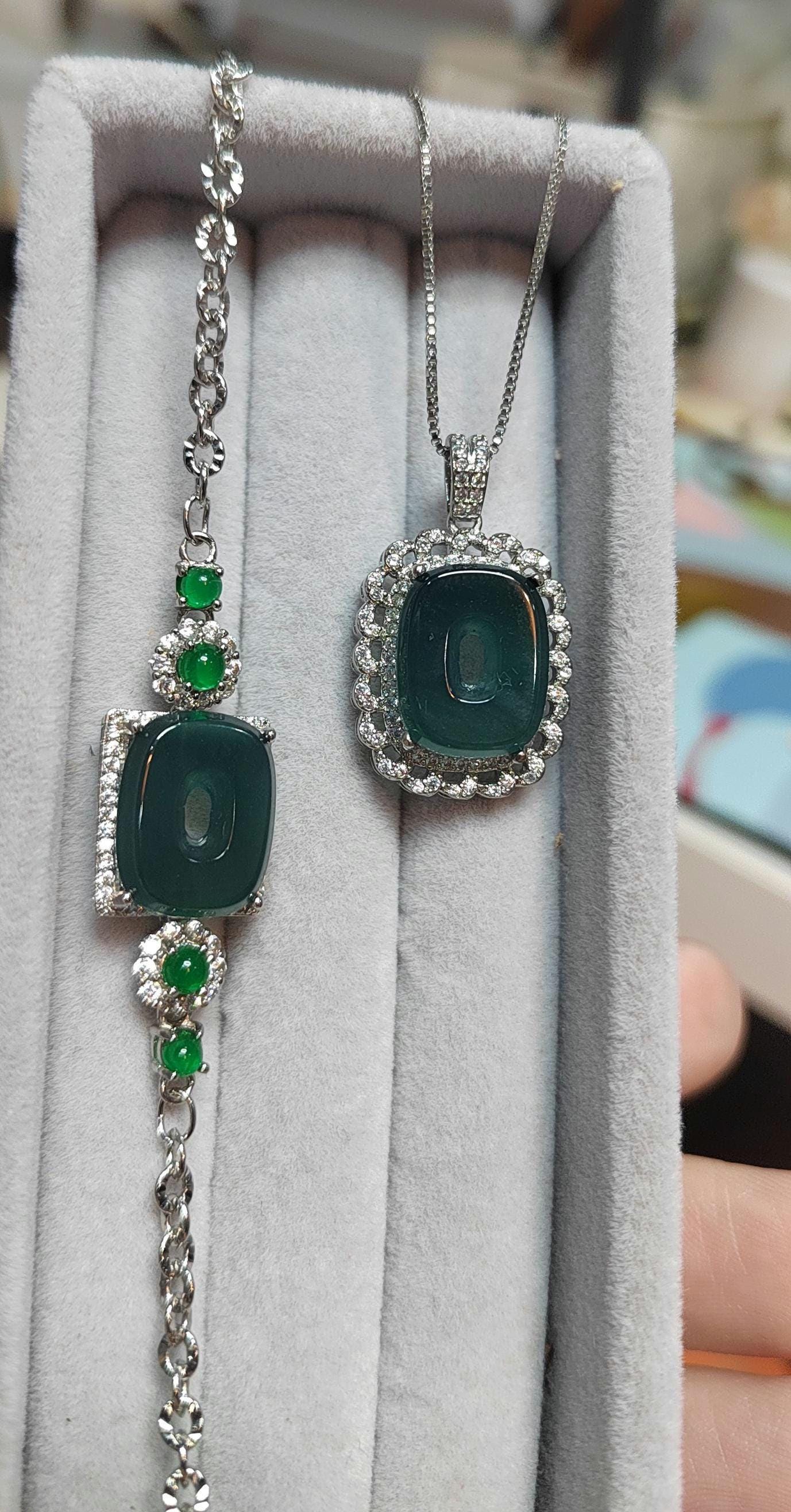2pcs Set Square Natural Guatemala Bluish Green Bracelet Necklace 4 Imperial Green Jadeite Pendant Gemstone 925 18k Plated 老蓝水 SL053