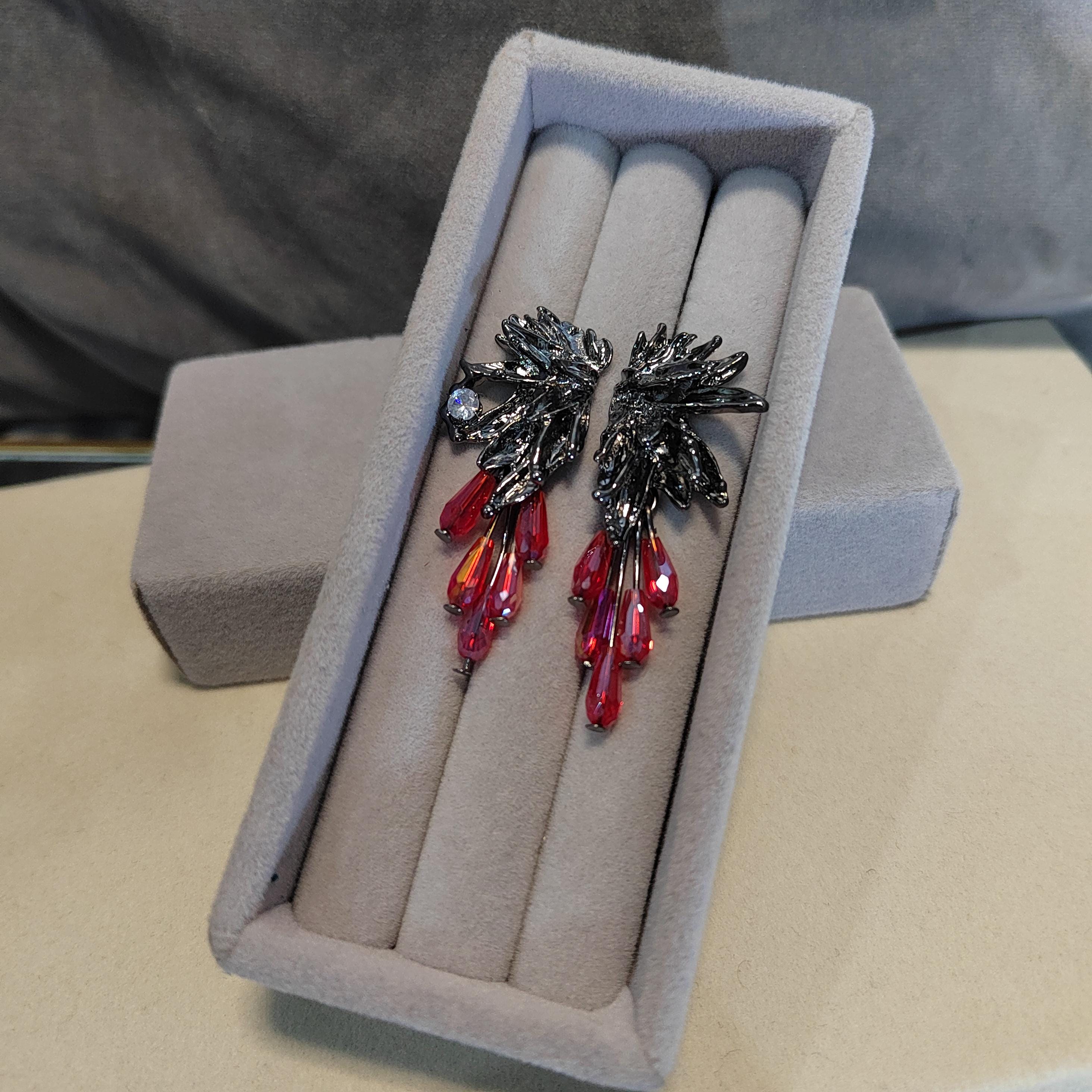 Super Trendy Designs Earrings | Black Silver Plated Zircon Red Glass Bead | Party, Anniversary, Wedding, Casual | For Her SL156 - SL Precious