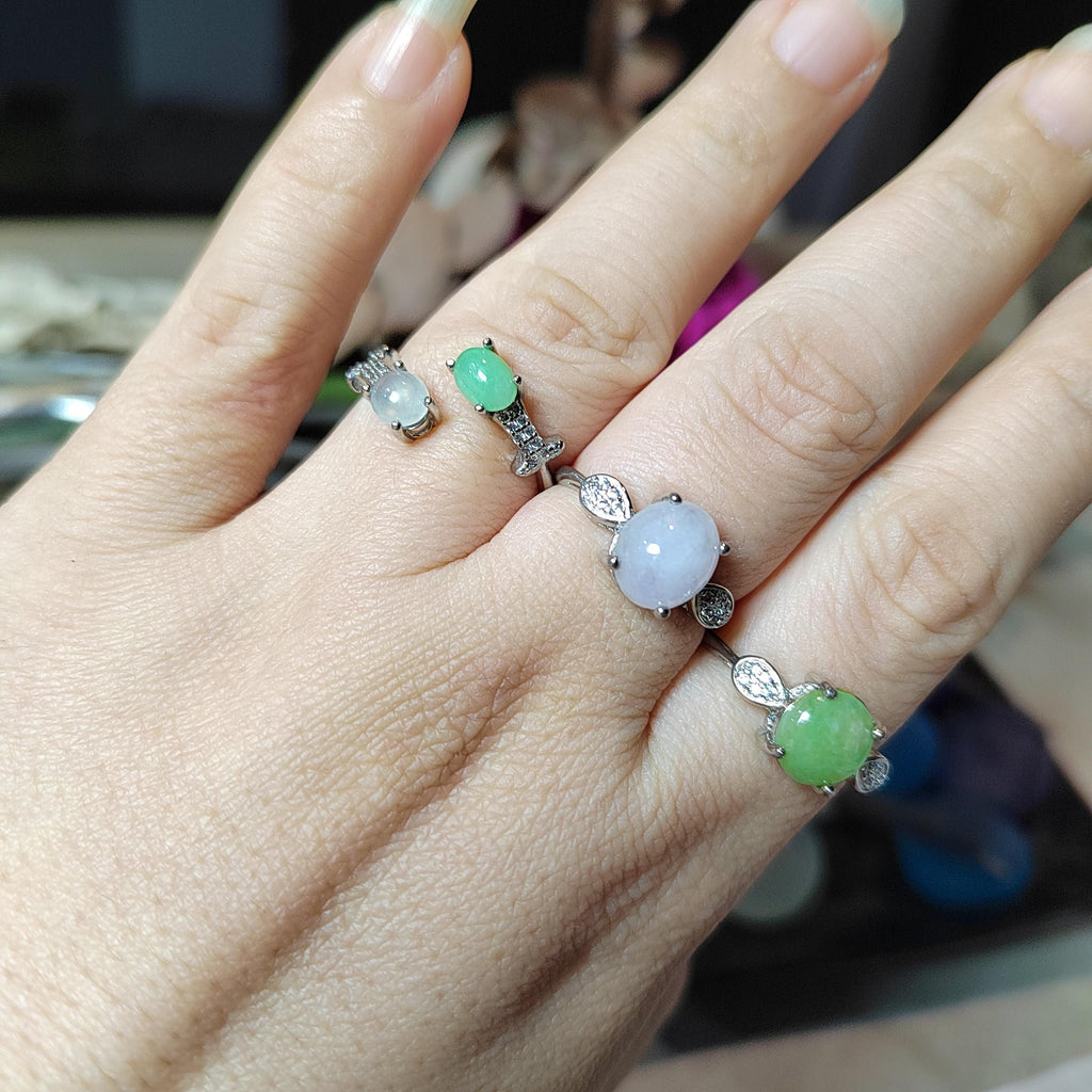 Burmese Jadeite Ring Set: Sterling Silver, Zircon Accents SL411