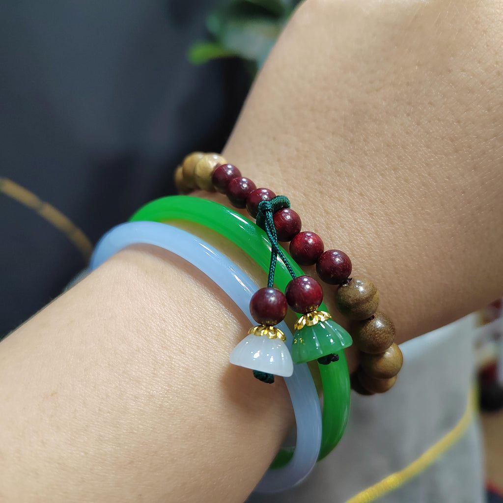 Agate Bangle Bracelet Set: Purple & Green Agate, Sandalwood Beads SL0450C