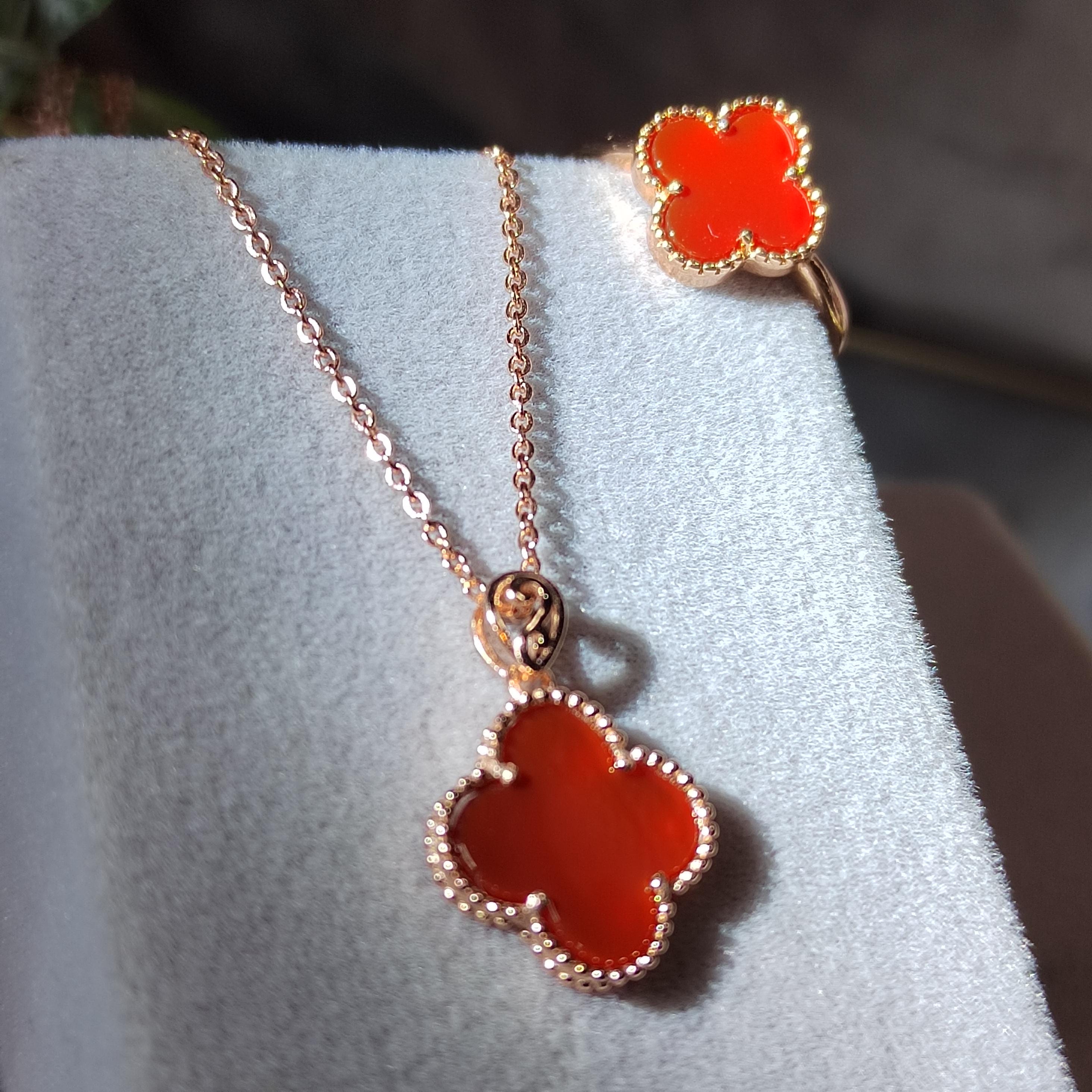 2pcs Set Lucky Flower Natural Red Nanhong Agate Rose Gold Plated on S925 Sterling Silver Ring and Pendant/Chain SL164 南红玛瑙