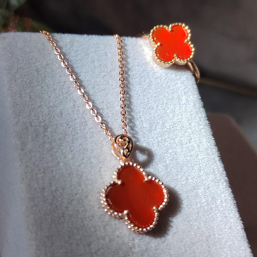 2pcs Set Lucky Flower Natural Red Nanhong Agate Rose Gold Plated on S925 Sterling Silver Ring and Pendant/Chain SL164 南红玛瑙 - SL Precious