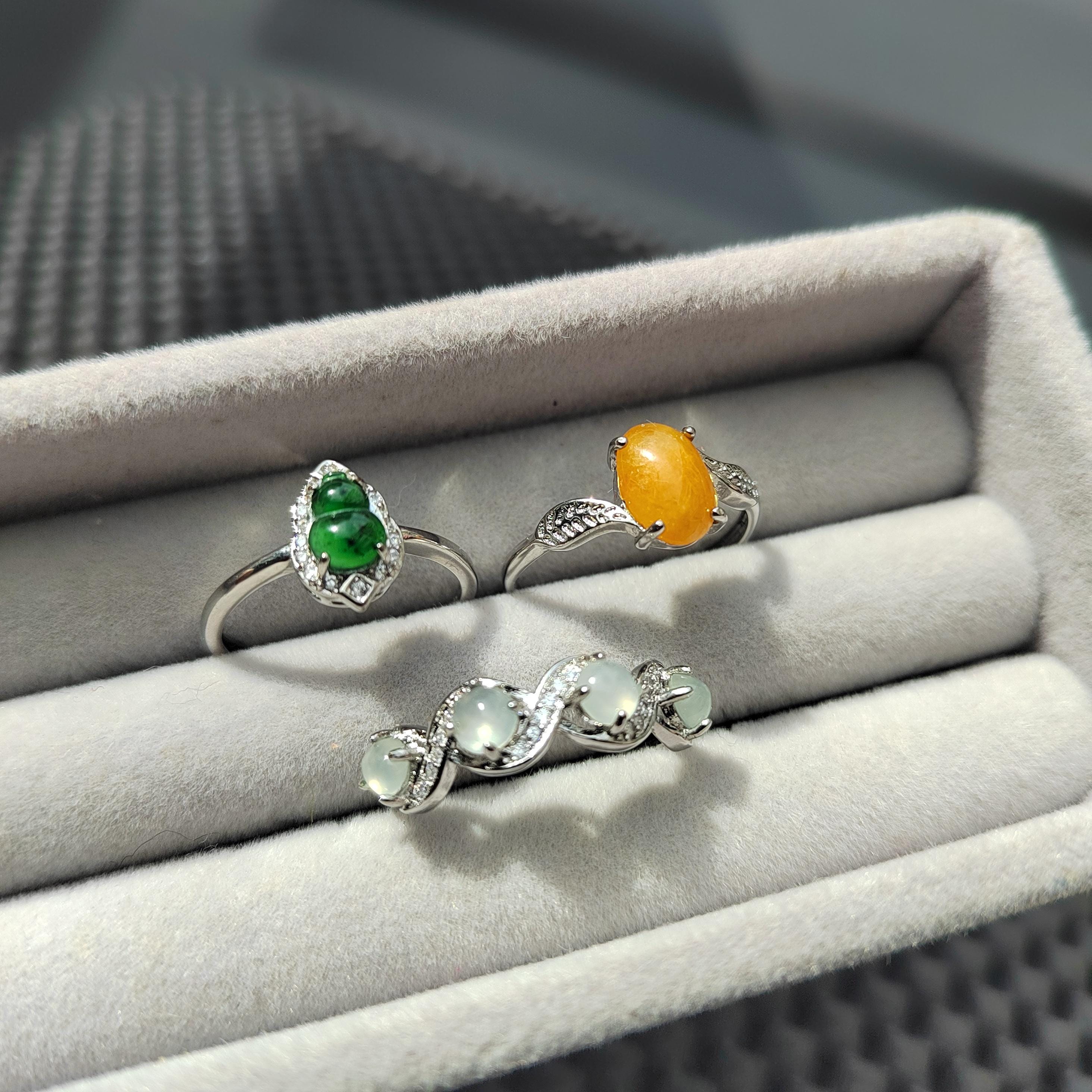 3pcs Natural Untreated Burmese Jadeite Ring Set | Imperial Green, Honey Yellow, Icy White | S925 Silver | No Cert | SL406