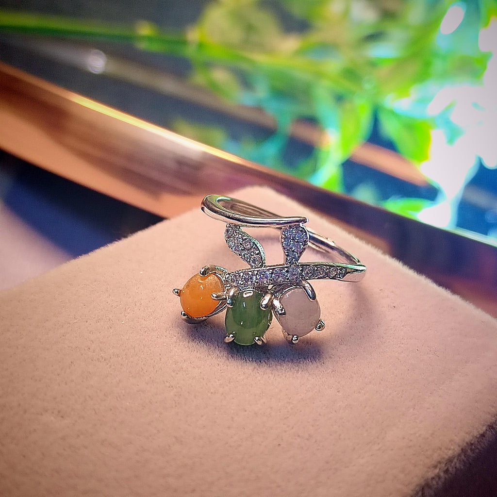 3 Colors Certified Natural Gemstone Untreated Burmese Jadeite Elegant Lower Leaf Yellow, Green, White with Zircon Accents S925 Ring SL134