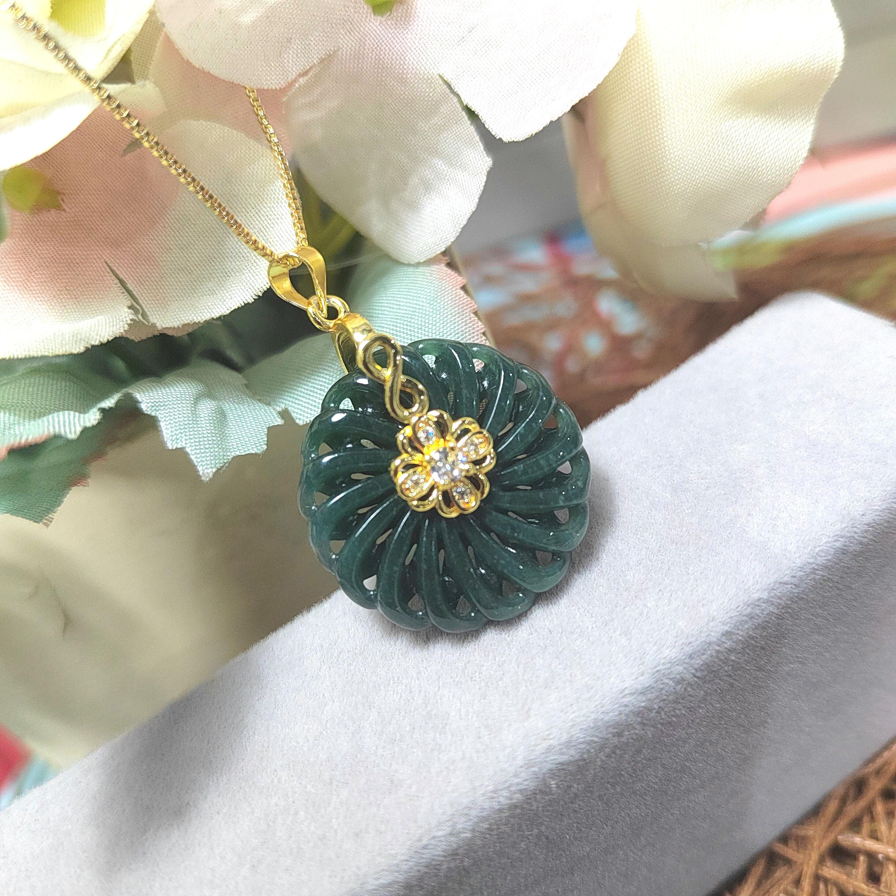Hand Carved Guatemala Round Flower Lucky Spin Dark Green Natural Untreated Jadeite Pendant SL076 - SL Precious