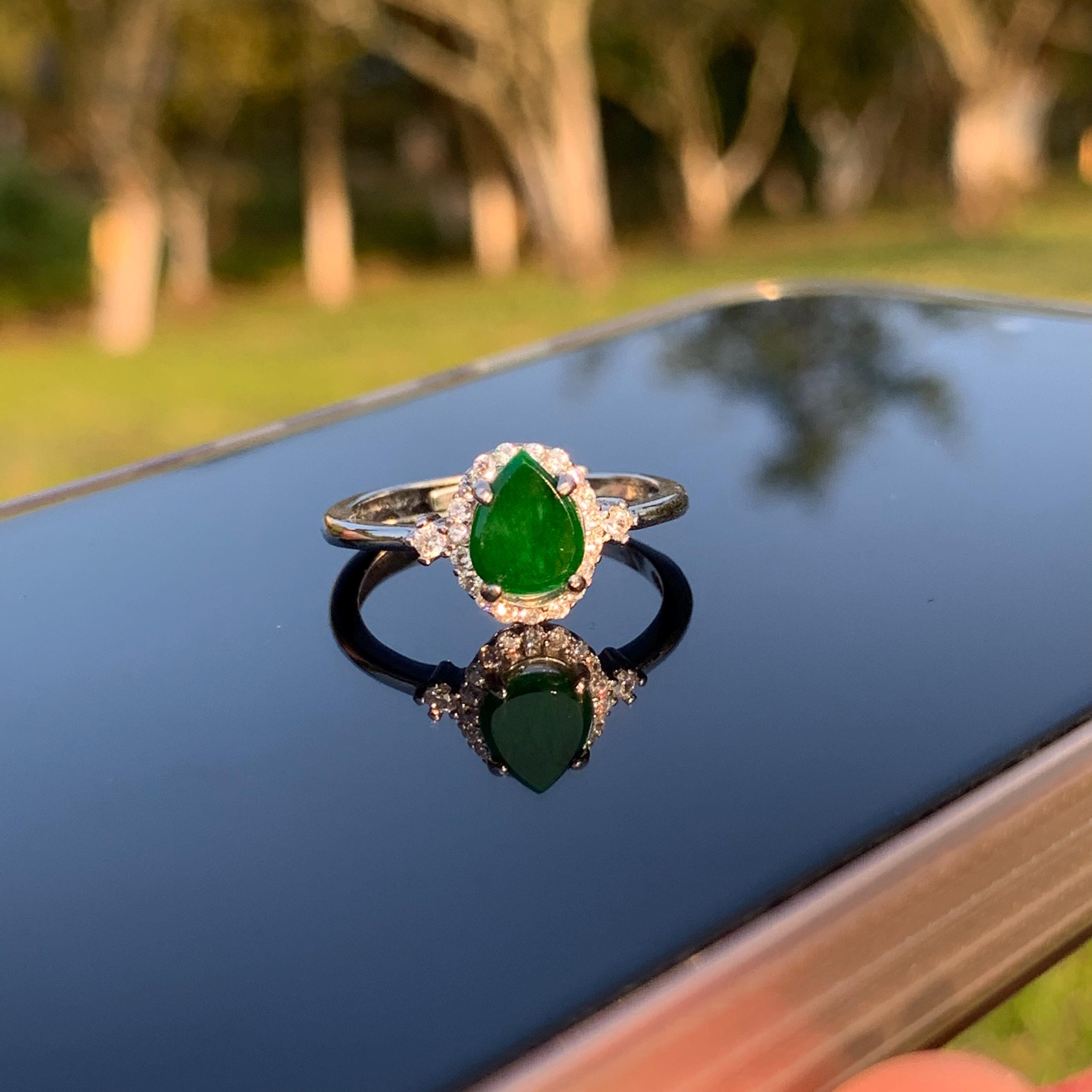 Certified A-Grade Natural Untreated Burmese Elegant Tear Drops Imperial Green With Zircon Set S925 Sterling Silver Jadeite Ring SL243X2 - SL Precious