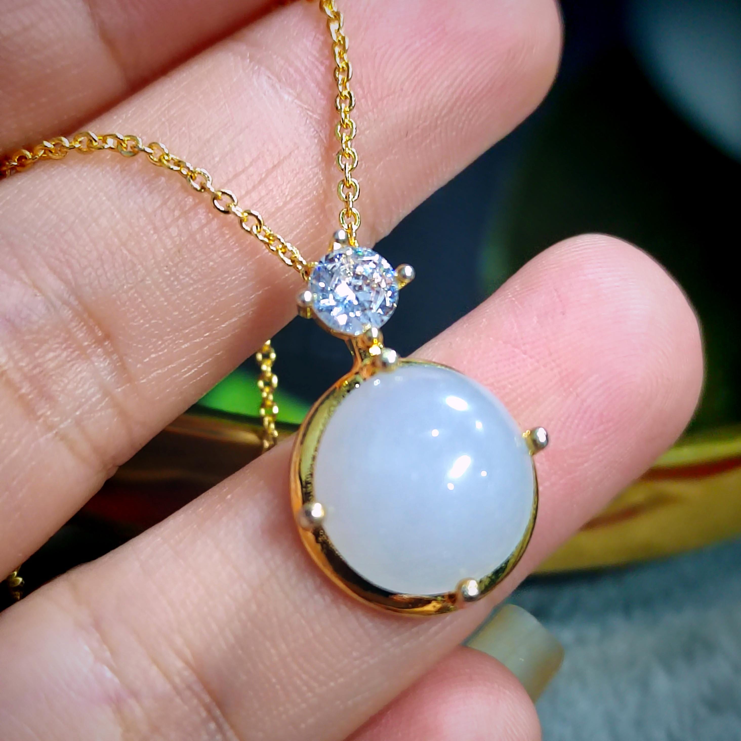 Certified Minimalist Pendant Elegant A-Grade Natural Untreated White Round Jadeite with Zirconia 18K Yellow Gold  Gift for Mom, Wife SL042 - SL Precious