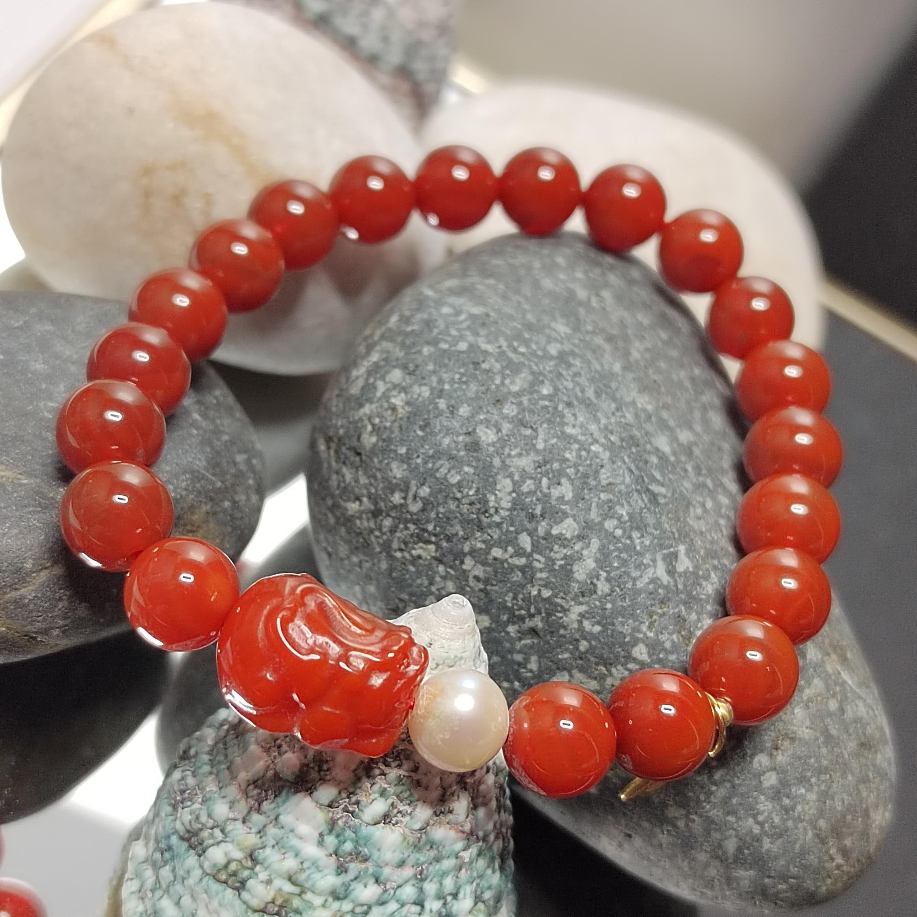 Certified Natural Untreated China Baoshan Southern Red Oily Nanhong Agate Brave Troops Bead, Fresh Water Pearl l, S925 Leaf Bracelet SL281
