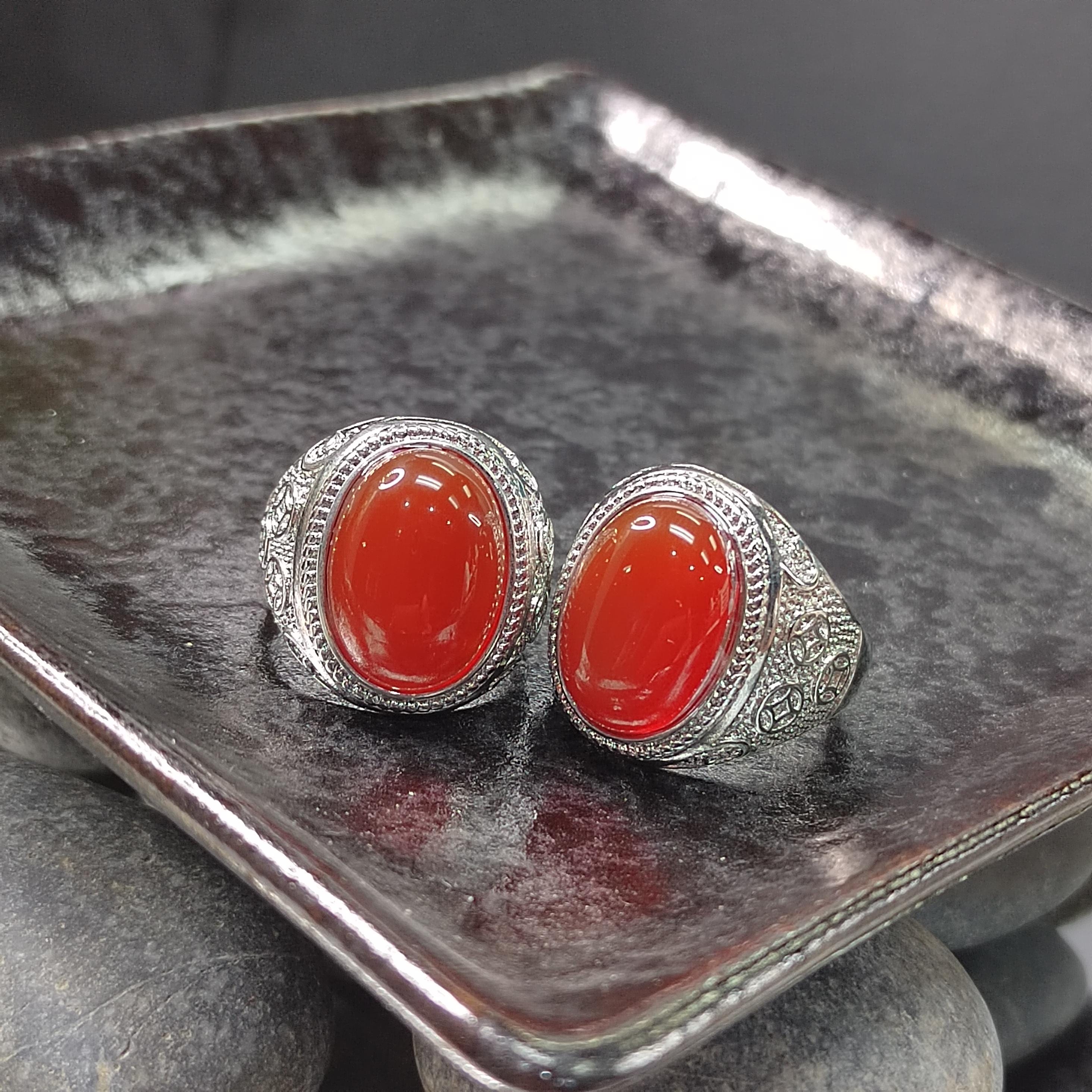 Natural Baoshan Nanhong Icy Red Agate Large Men’s Ring | Adjustable | Rare Collector’s Gemstone | 18K White Gold Plated SL361