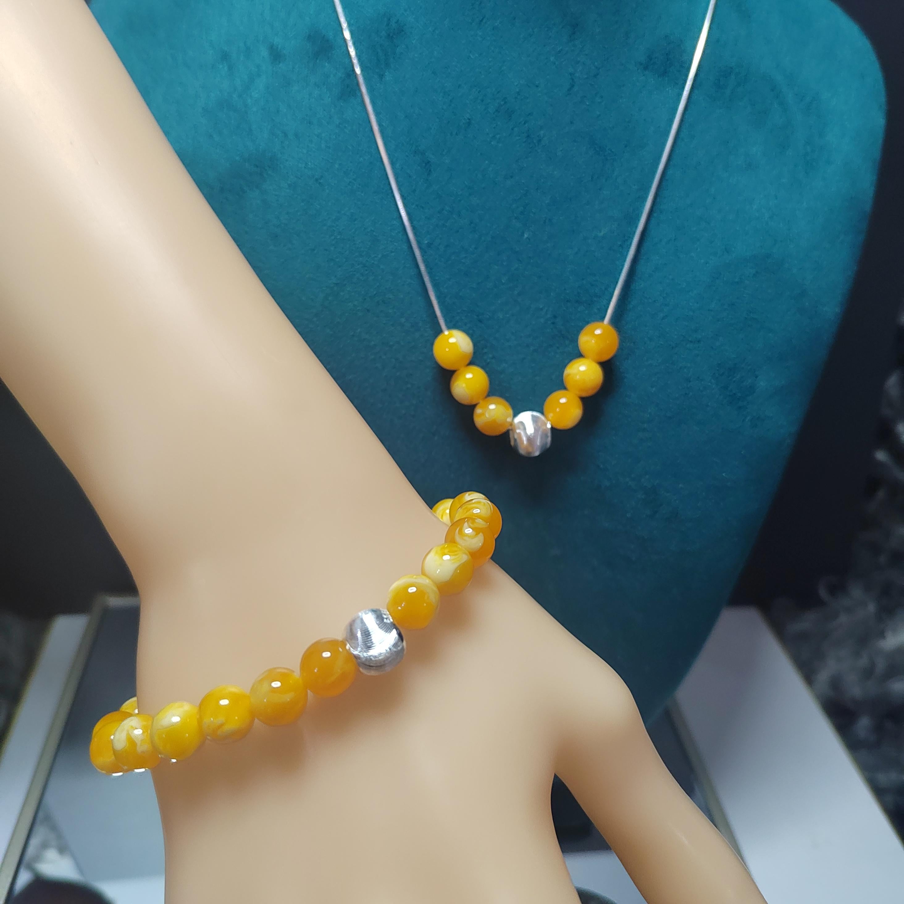 2pcs Set | Natural Russian Beeswax Amber Bead Bracelet & Necklace | Handmade Minimalist Jewelry SL329