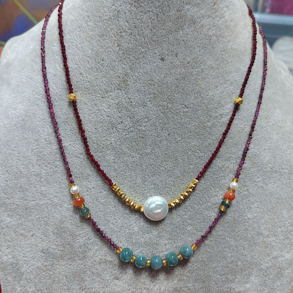 Natural Double Layer Choker Necklace | Purple Garnet, Burmese Ocean Blue Green Jadeite,Baroque Freshwater Pearls, Sri Lanka Red Spinel SL296