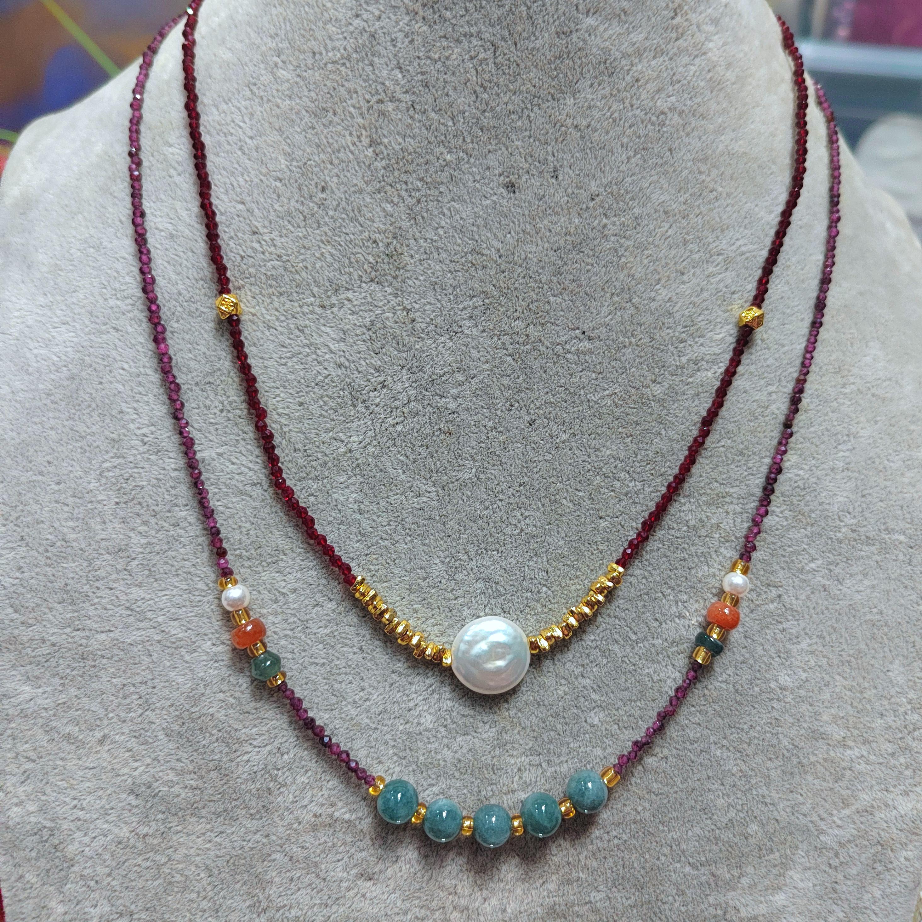 Natural Double Layer Choker Necklace | Purple Garnet, Burmese Ocean Blue Green Jadeite,Baroque Freshwater Pearls, Sri Lanka Red Spinel SL296