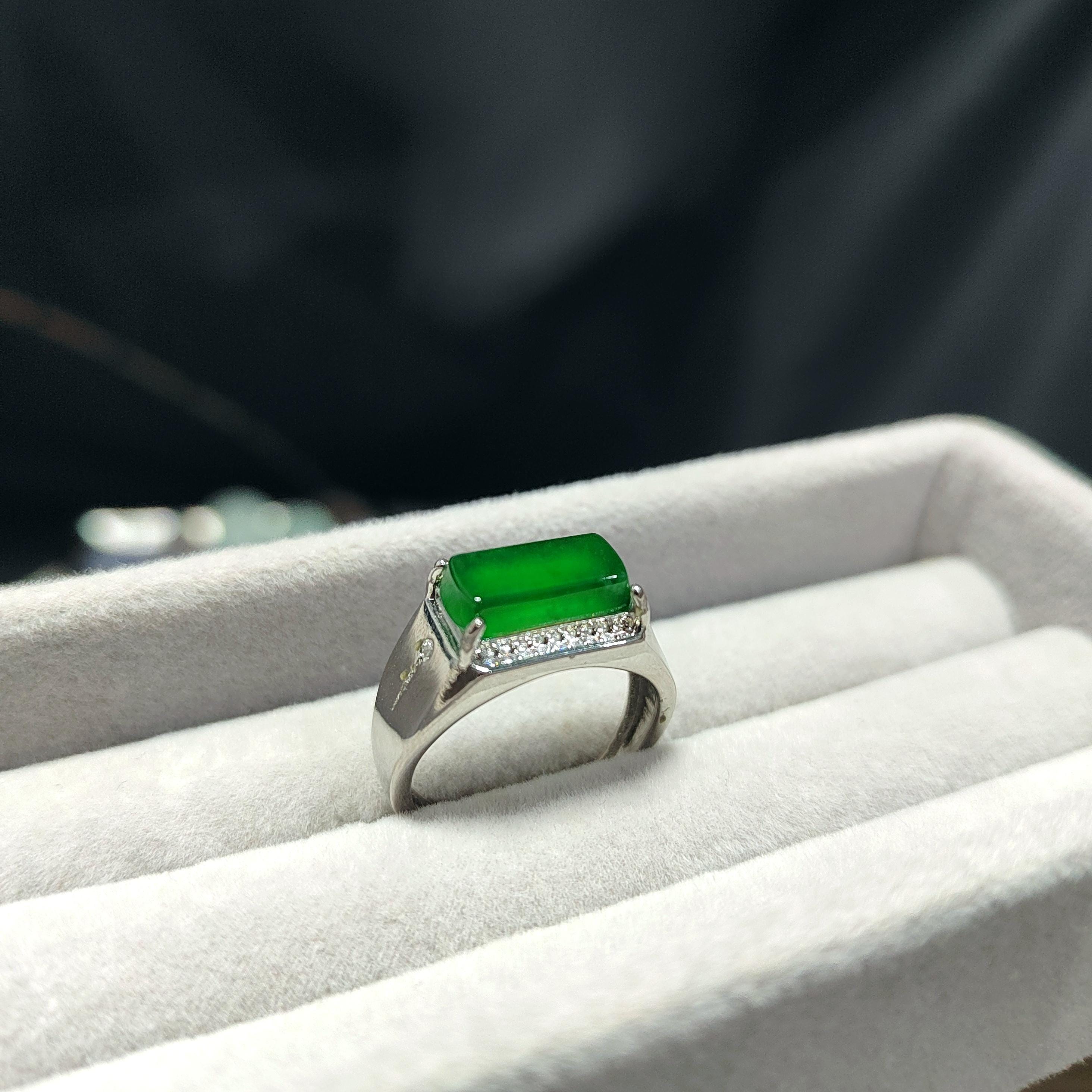 Certified A-Grade Natural Untreated Guatemala Imperial Green Men Ring S925 Sterling Silver Zircon Set SL374