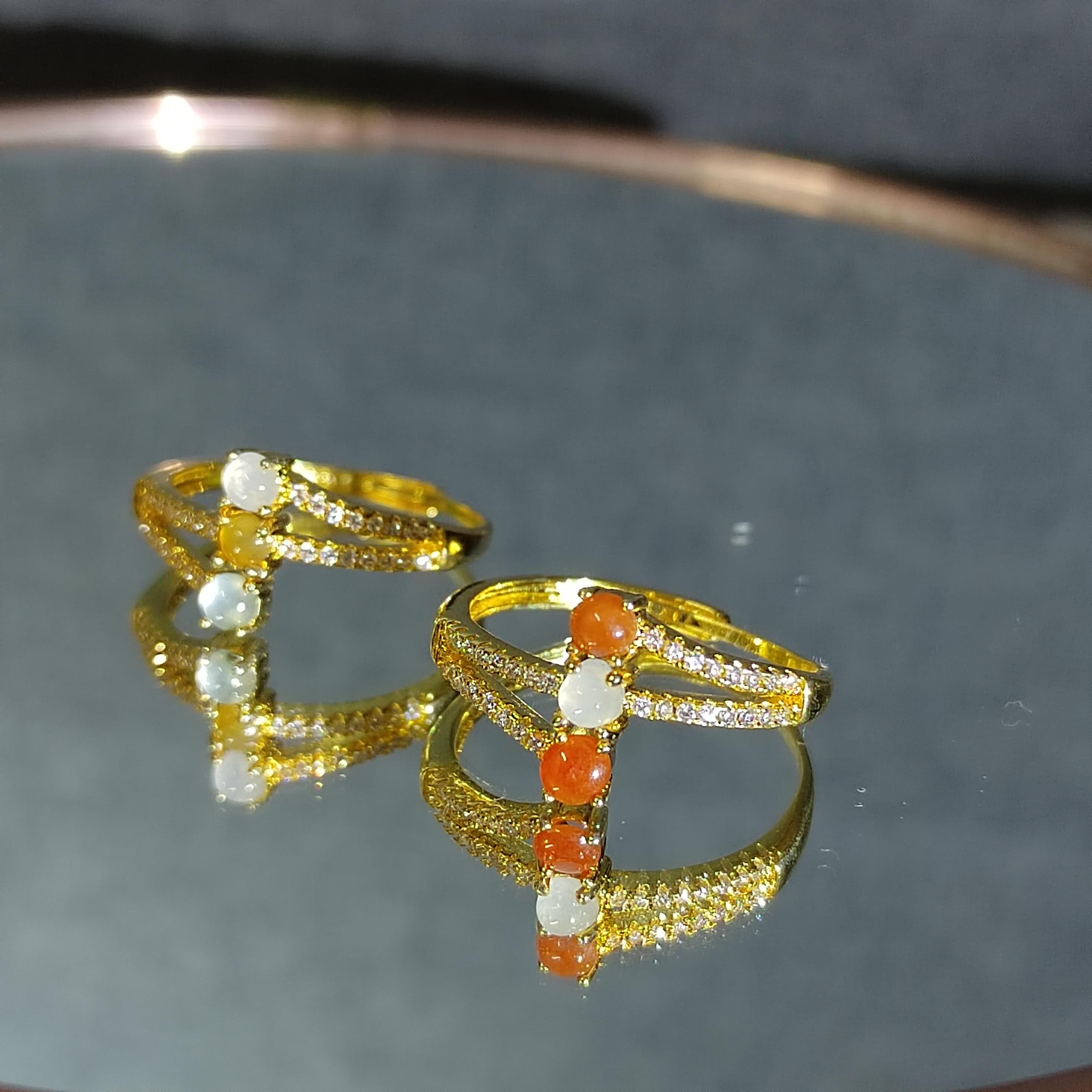 Burmese Natural Icy Jadeite Zircon Ring 18k Gold Plated S925 Minimalist Design For Her, 2 Design Red White & White Yellow SL140 SL141