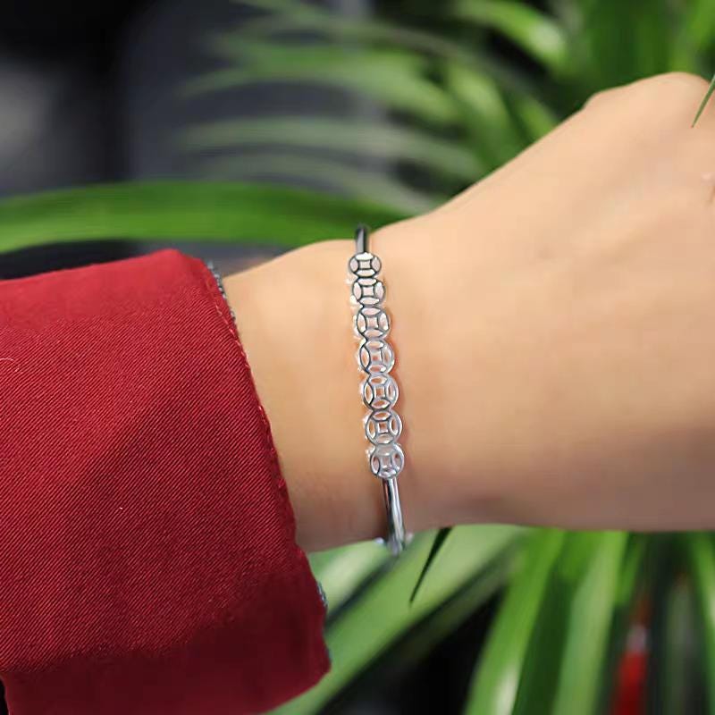 Luxury S9999 Silver Filled Vermeil Lucky Coins Adjustable Bangle | 足银招财铜钱手镯 | Best Friend Gift Jewelry SL342