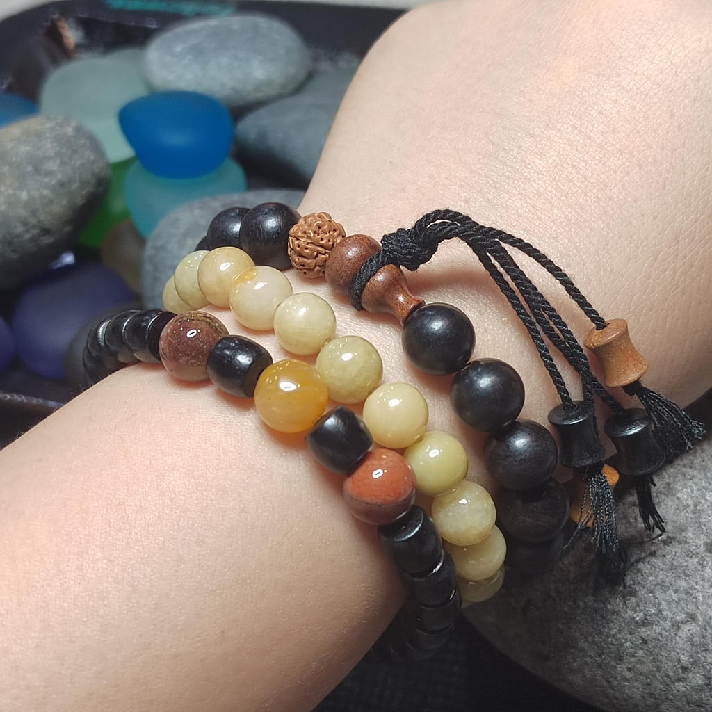 Burmese Yellow Jadeite Bracelet Set: HuangLong Jade & Ebony Wood SL423