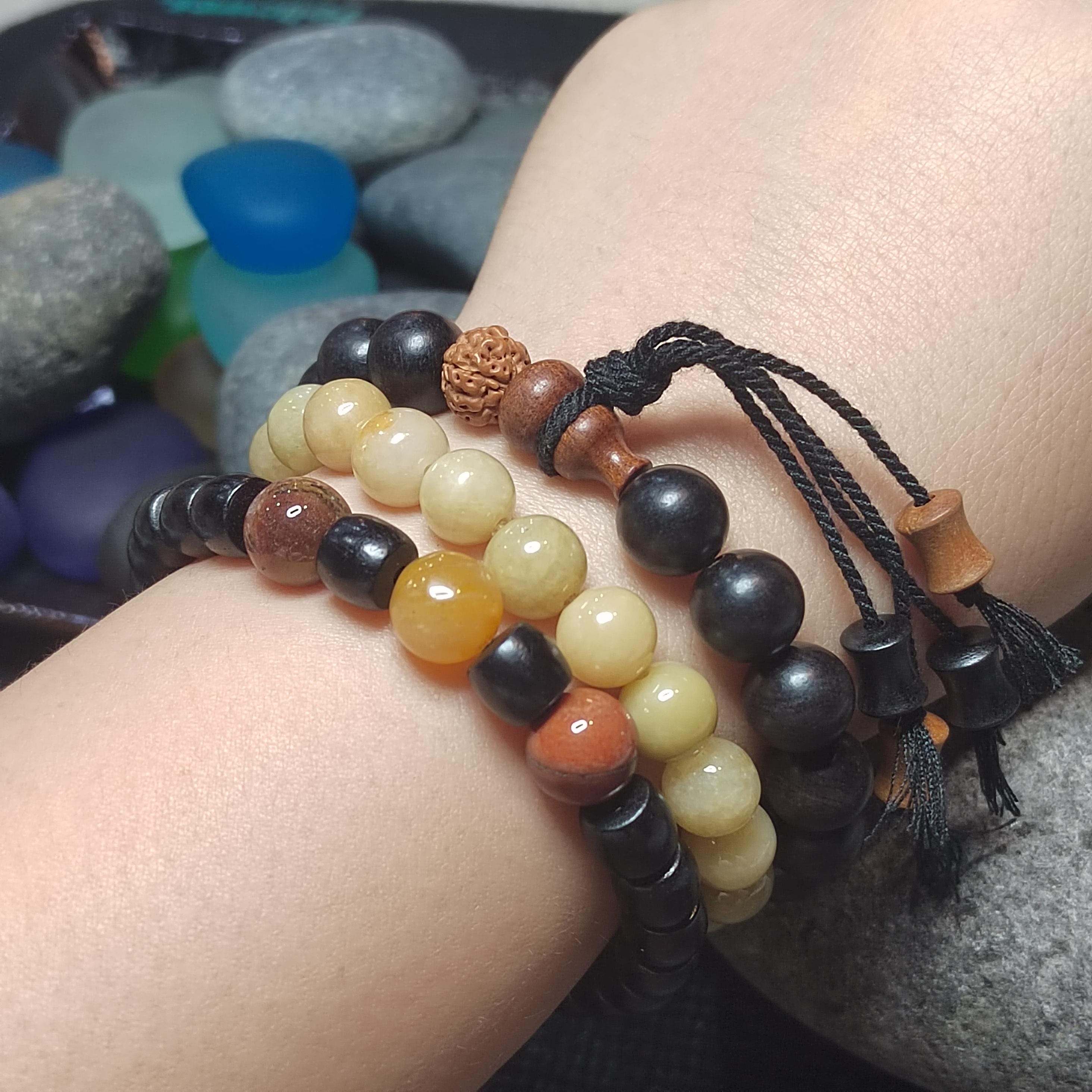 Burmese Yellow Jadeite Bracelet Set: HuangLong Jade & Ebony Wood SL423