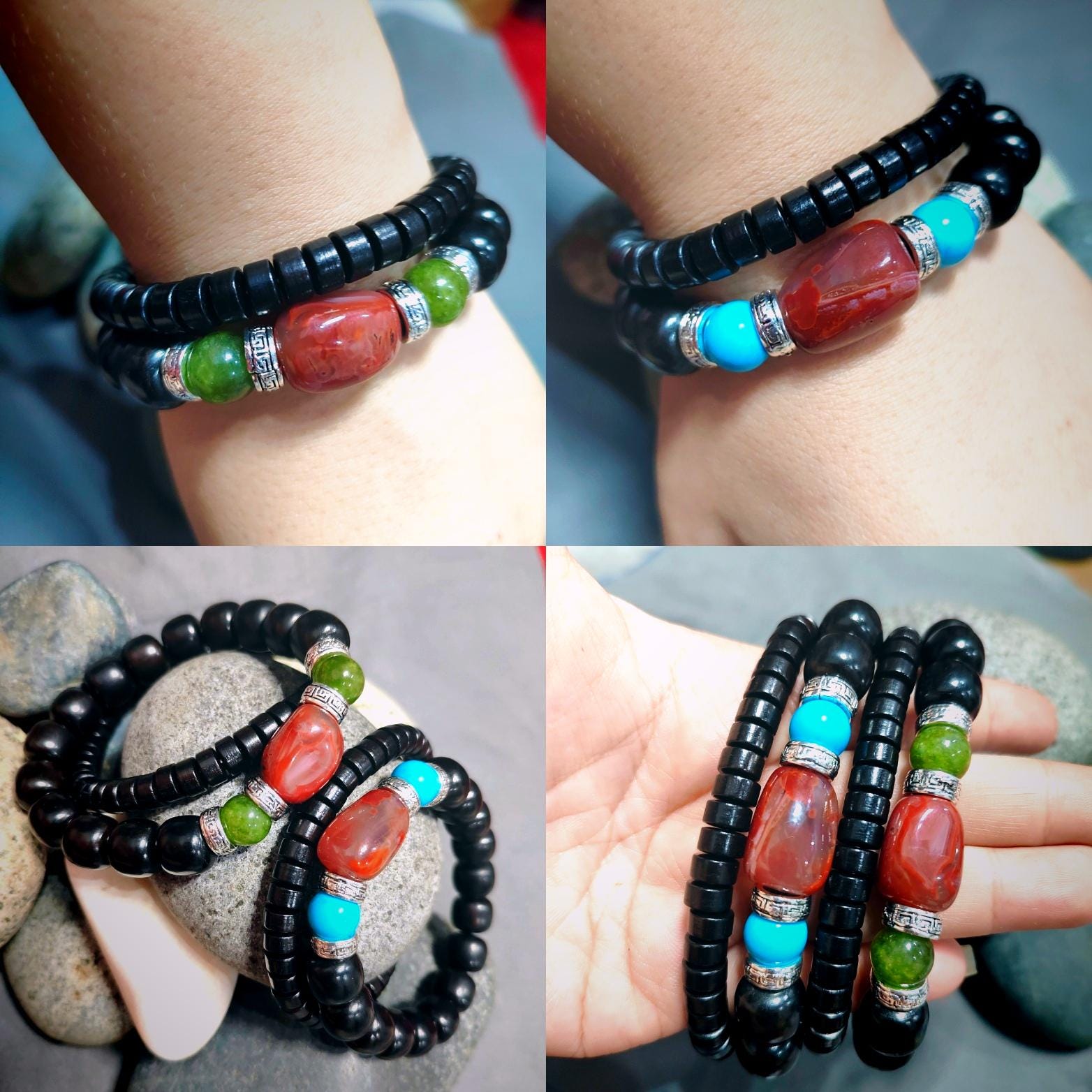 Handmade Ebony Wood Bead Bracelet Set |Unisex Jewelry with Silver and Natural Nanhong Tourmaline| Turquoise Accents SL388