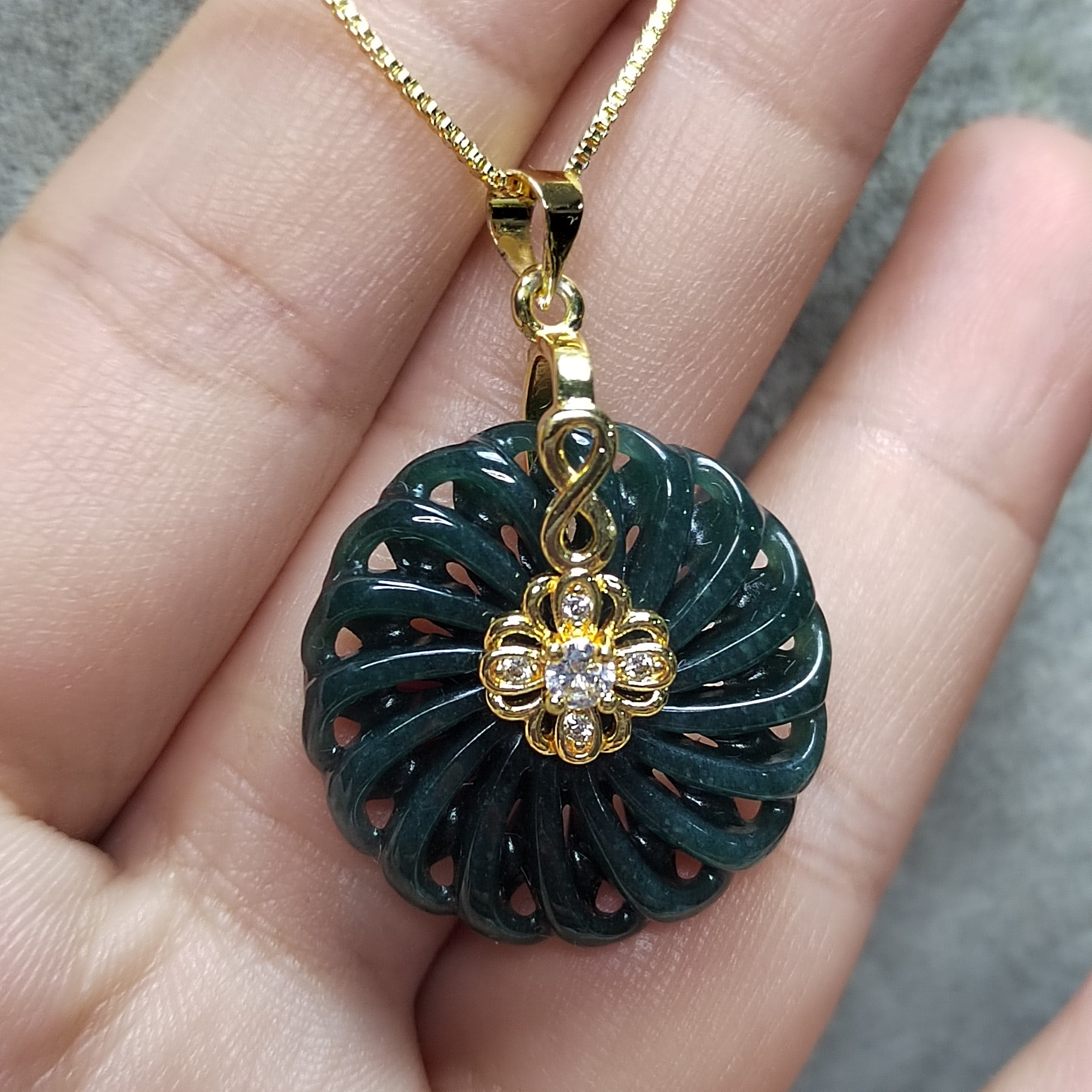 Hand Carved Guatemala Round Flower Lucky Spin Dark Green Natural Untreated Jadeite Pendant SL076 - SL Precious