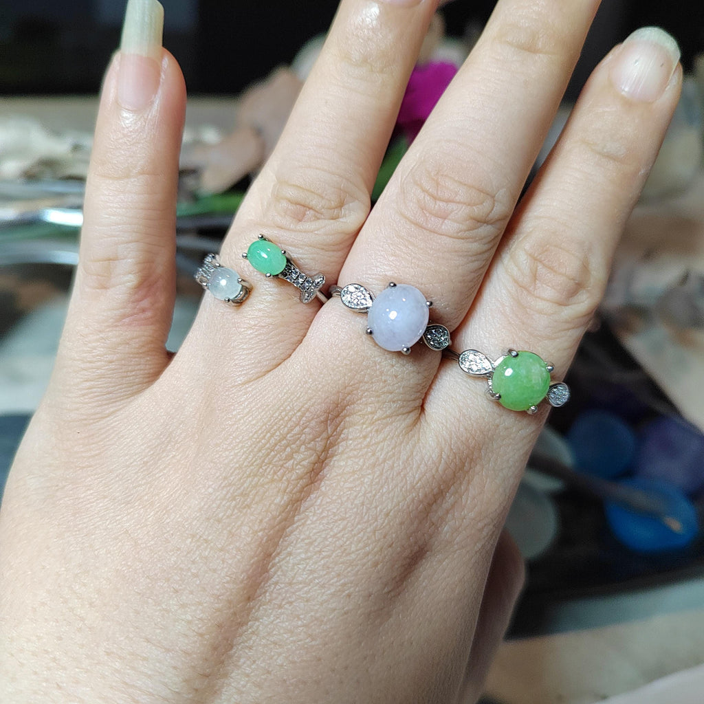 Burmese Jadeite Ring Set: Sterling Silver, Zircon Accents SL411