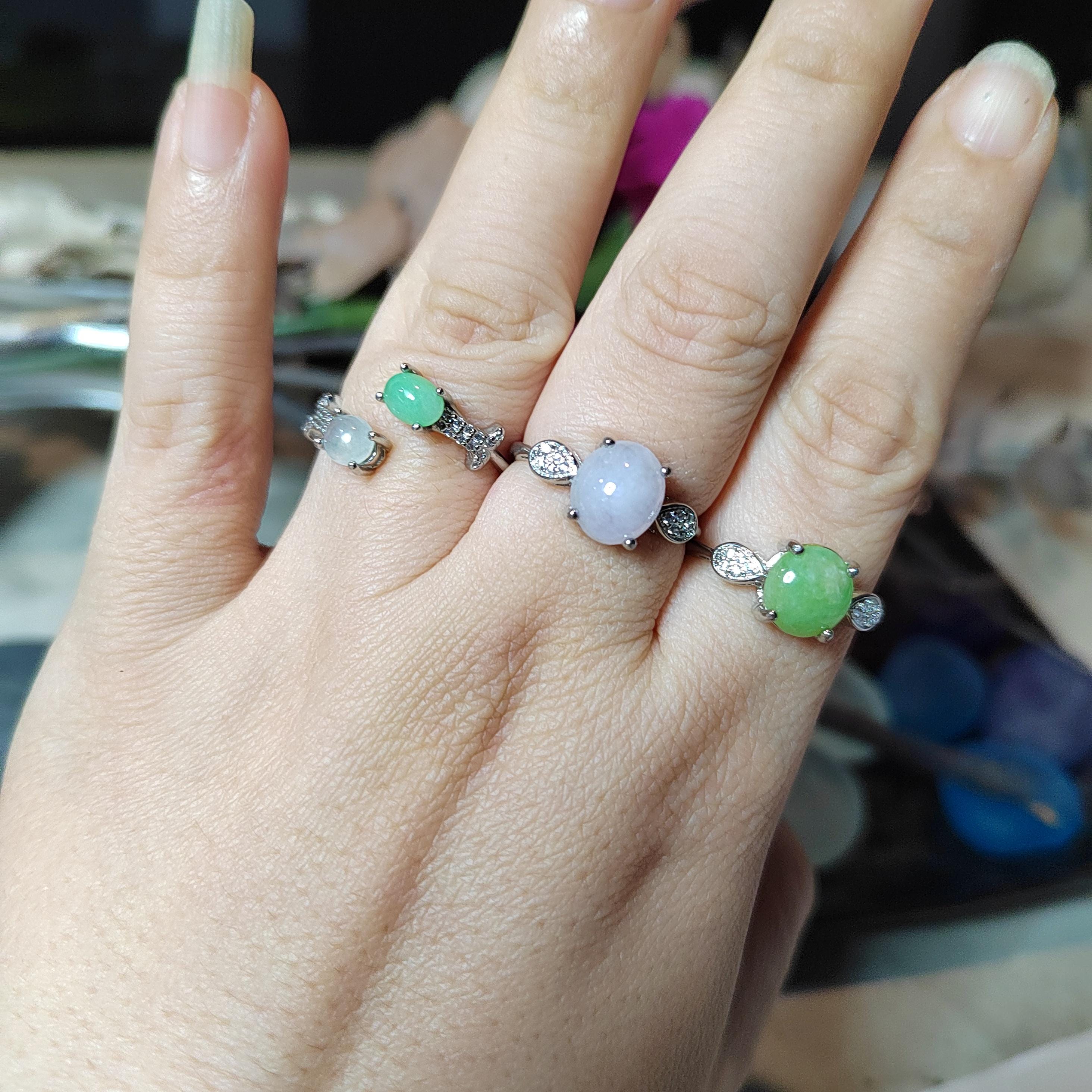 Burmese Jadeite Ring Set: Sterling Silver, Zircon Accents SL411