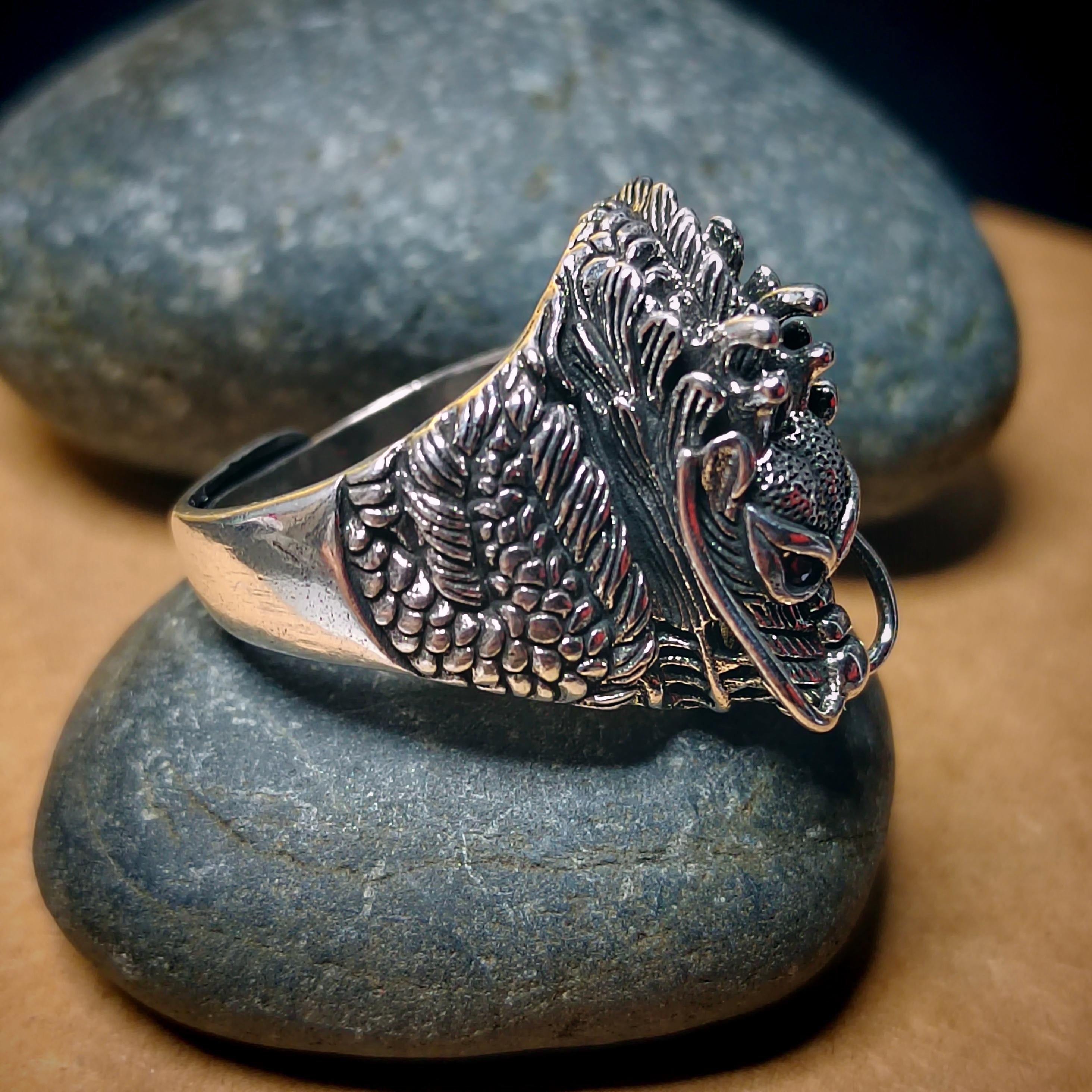 Large 925 Sterling Silver Dragon Ring | Red Zircon Accent | Thai Trend Design SL232 - SL Precious