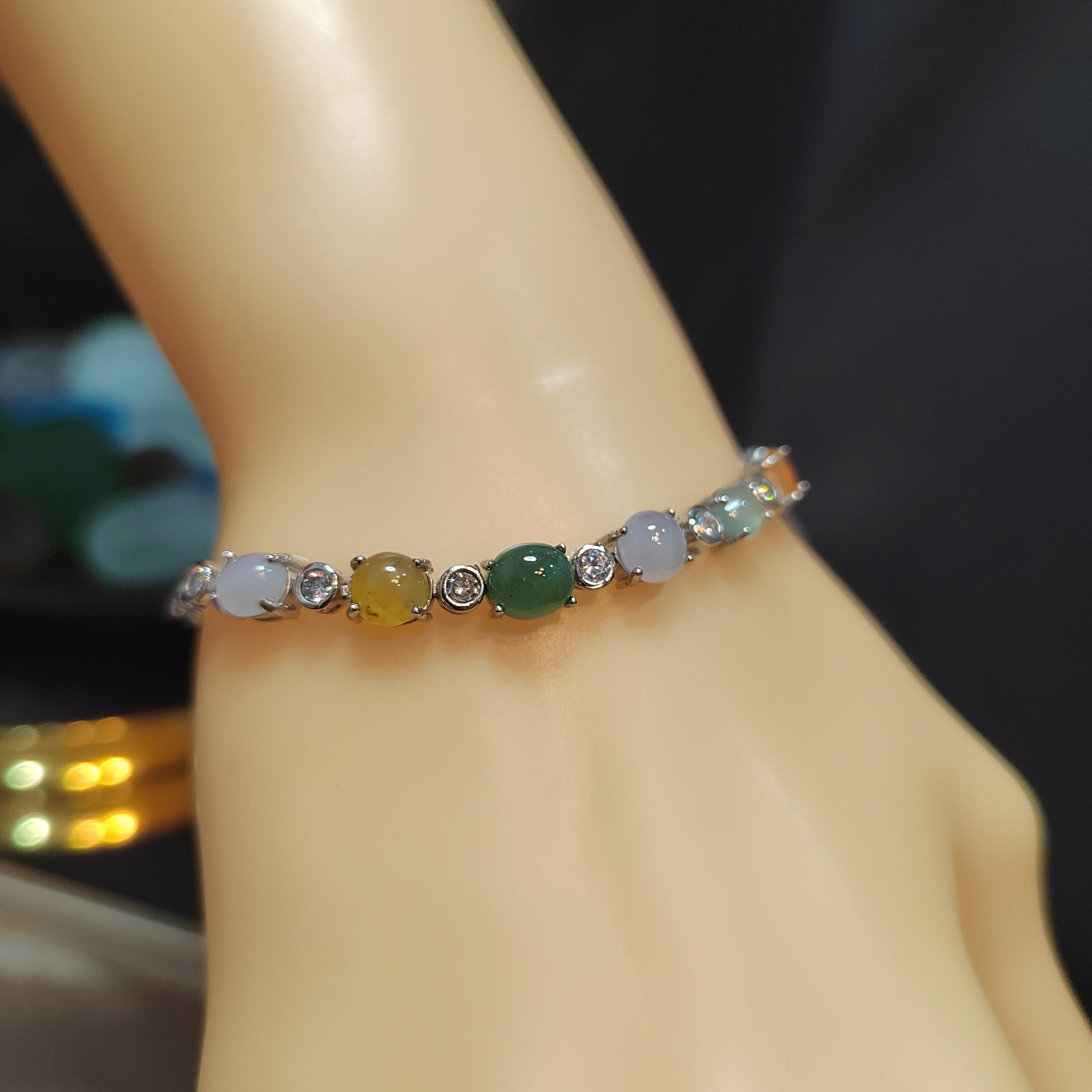Burmese Gemstone Lucky Color Natural Jadeite Bracelet & Ring Set 925 Silver Plated with 18K White Gold Zircon Accent For Her Minimalist SL08 - SL Precious