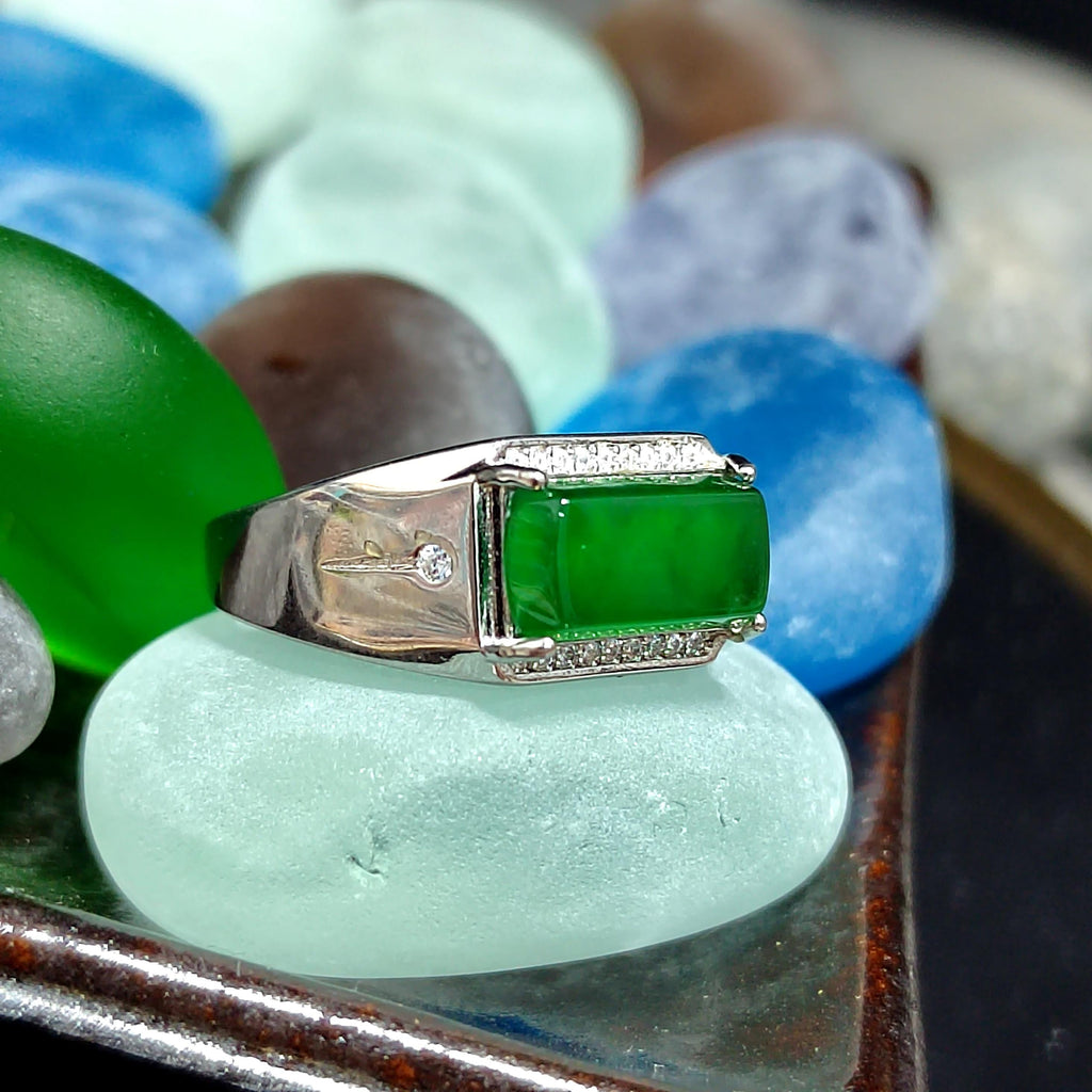 Certified A-Grade Natural Untreated Guatemala Imperial Green Men Ring S925 Sterling Silver Zircon Set SL374