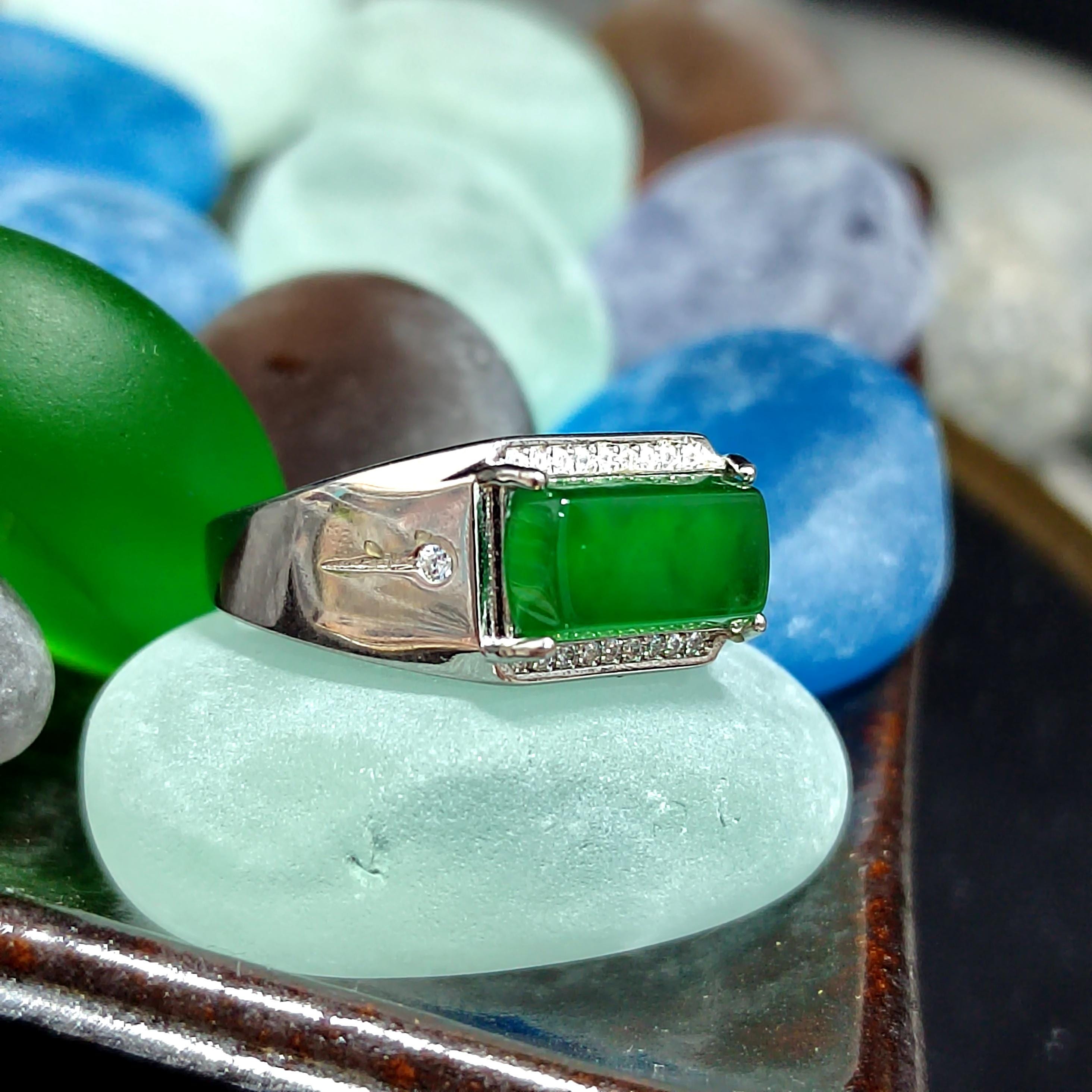 Certified A-Grade Natural Untreated Guatemala Imperial Green Men Ring S925 Sterling Silver Zircon Set SL374