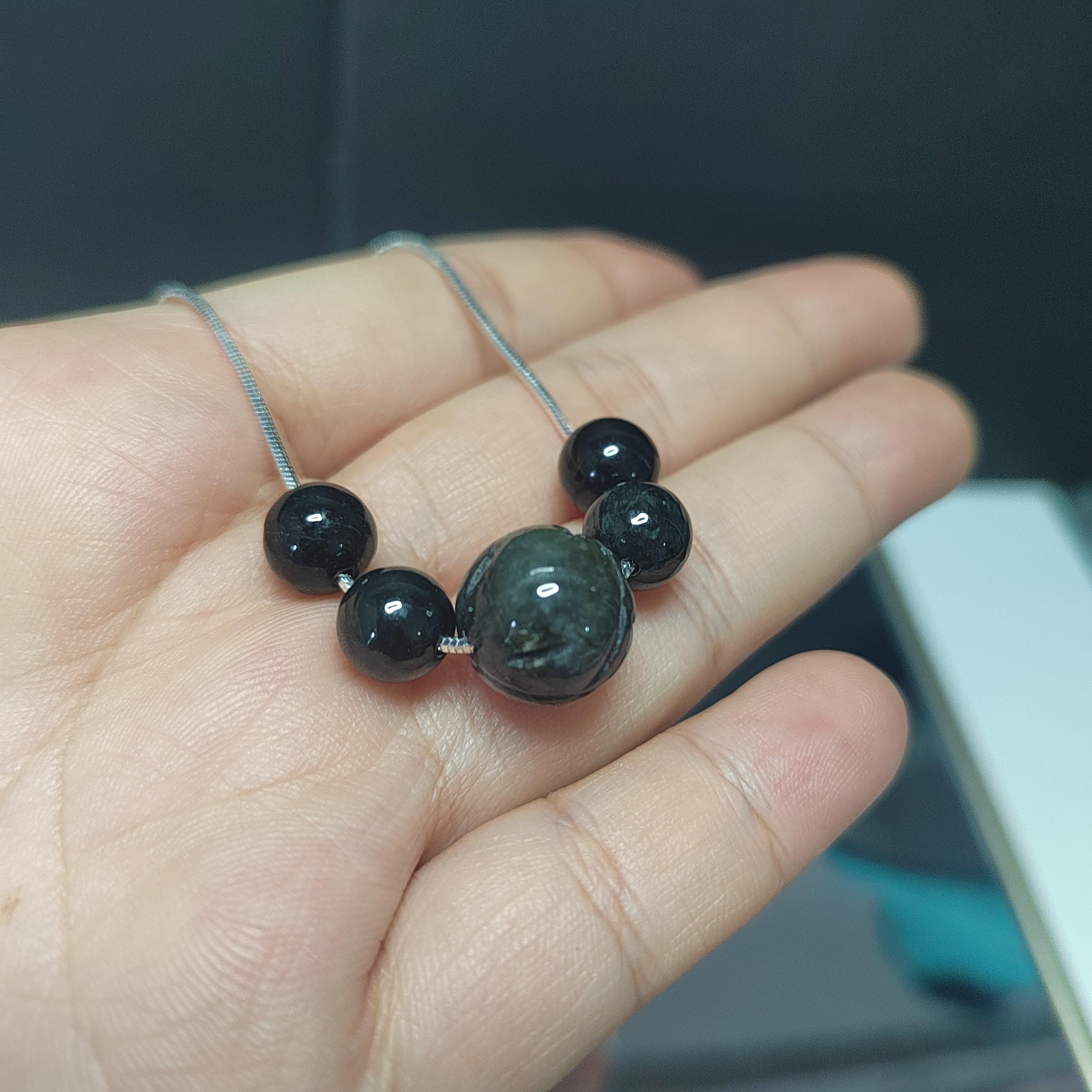 Natural Burmese Black Ink Wuji Jadeite Necklace | Minimalist Design | S9999  Silver Filled Vermeil Adjustable Chain | SL332