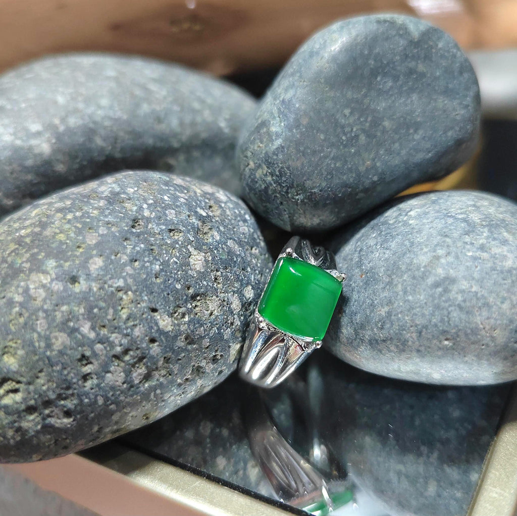 Certified Natural Untreated Burmese Icy Clean Imperial Vivid Green Men Jadeite Ring S925 Sterling Silver SL371
