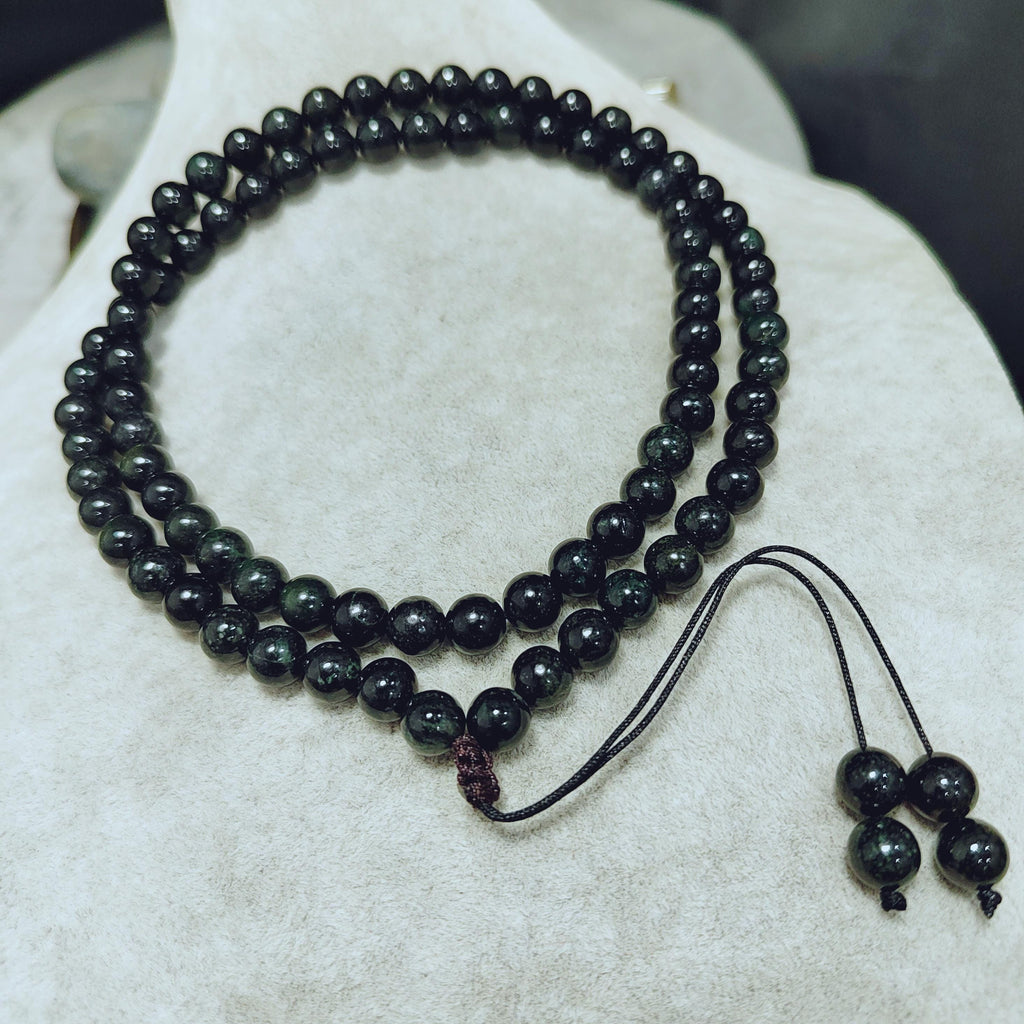 Burmese Black Ink Jadeite Bead Necklace: Natural A-Grade, 8mm FREE 10mm Bead Bracelet SL361NB