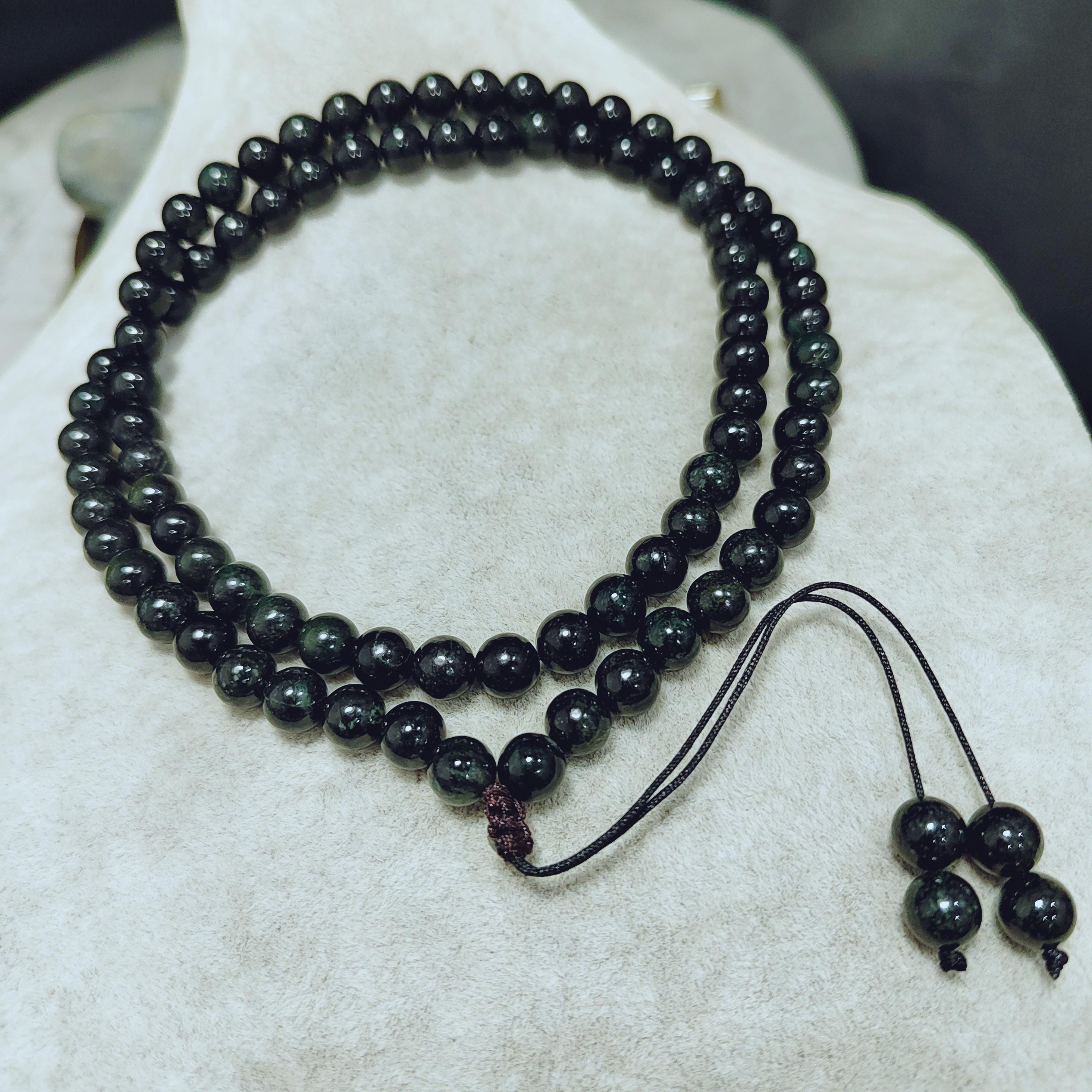 Burmese Black Ink Jadeite Bead Necklace: Natural A-Grade, 8mm FREE 10mm Bead Bracelet SL361NB
