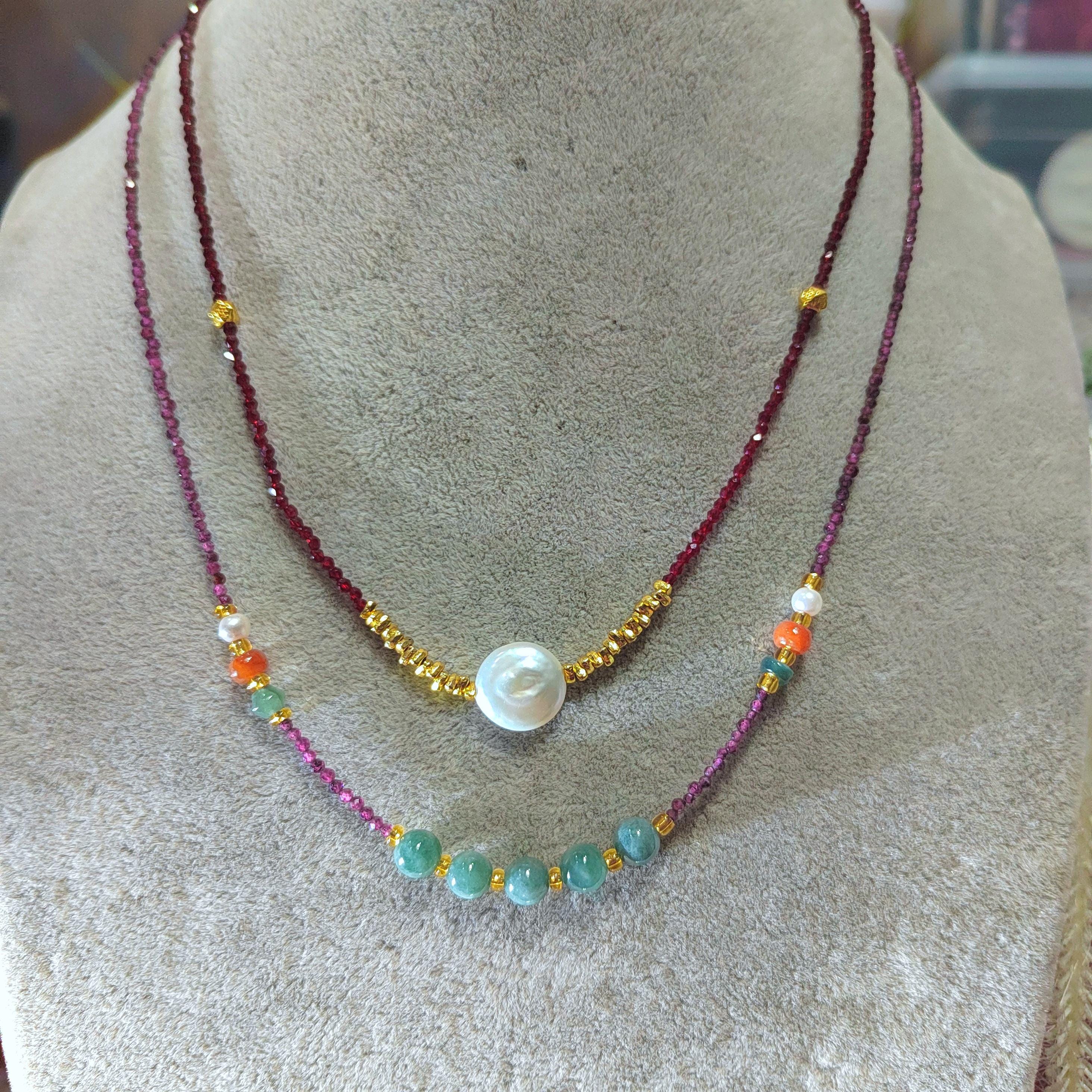 Natural Double Layer Choker Necklace | Purple Garnet, Burmese Ocean Blue Green Jadeite,Baroque Freshwater Pearls, Sri Lanka Red Spinel SL296