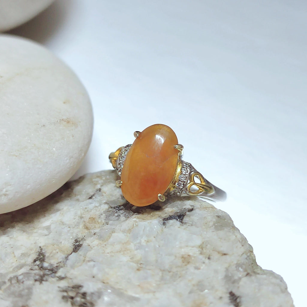 Burmese Certified A-Grade Natural Untreated Icy Yellow Oval Shape Jadeite Zircon S925 2 Tone White & Gold Plated Ring SL254X13