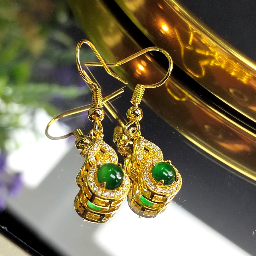 Natural Guatemala Imperial Green Hulu Jadeite Earrings | Zirconia Accents | 925 Sterling Silver Plated with Yellow Gold Earring SL052 - SL Precious