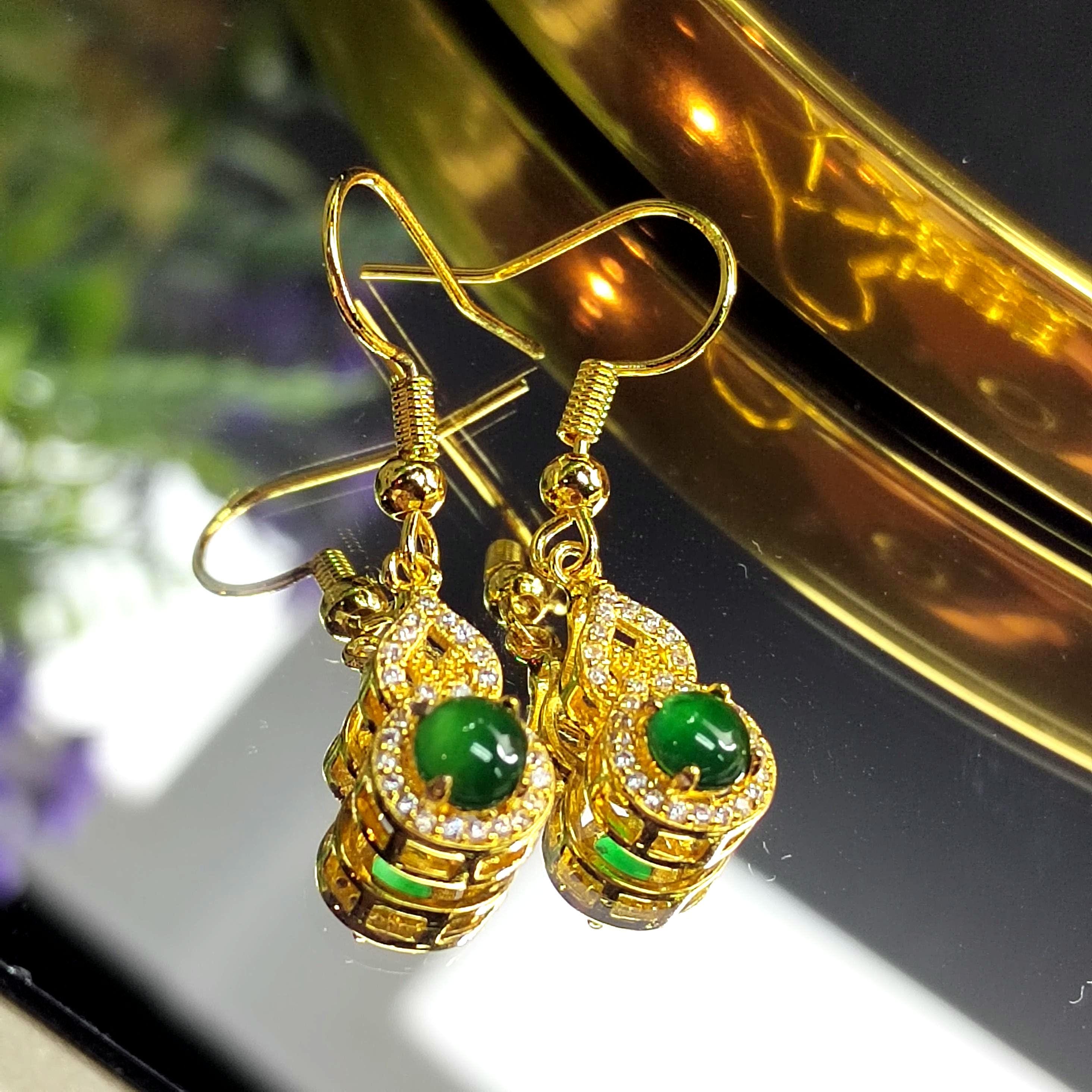 Natural Guatemala Imperial Green Hulu Jadeite Earrings | Zirconia Accents | 925 Sterling Silver Plated with Yellow Gold Earring SL052 - SL Precious
