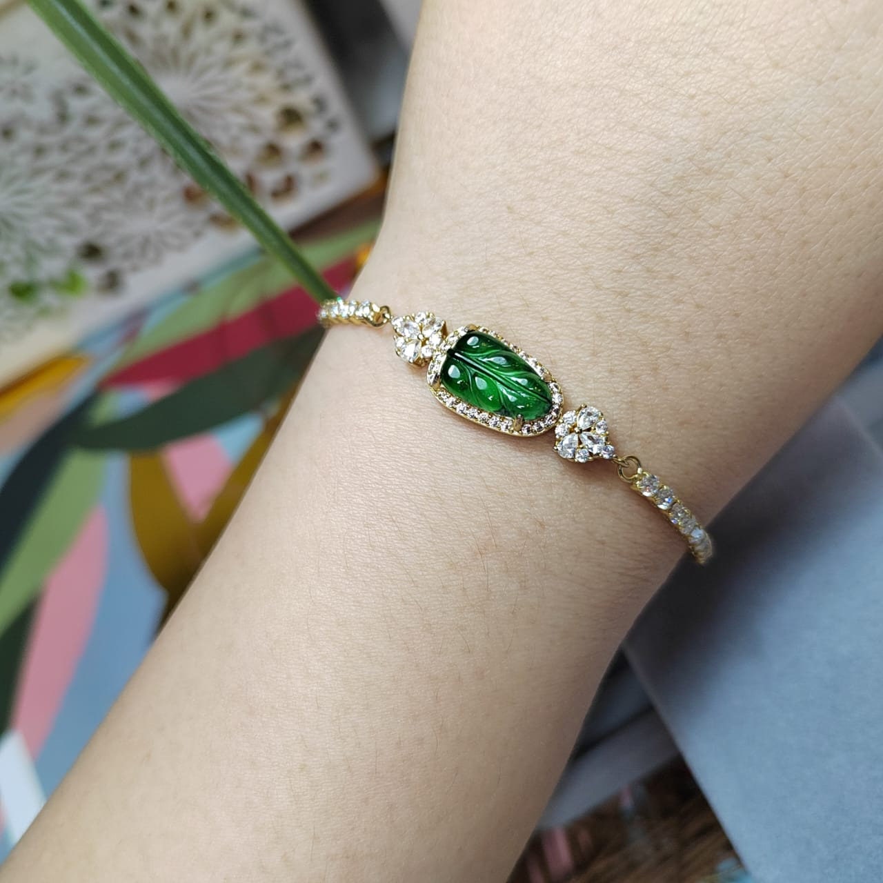 A-Grade Women Natural Gemstone Guatemala Imperial Geen Leaf Jadeite with Zircon on Gold Plated Bracelet For Her SL044