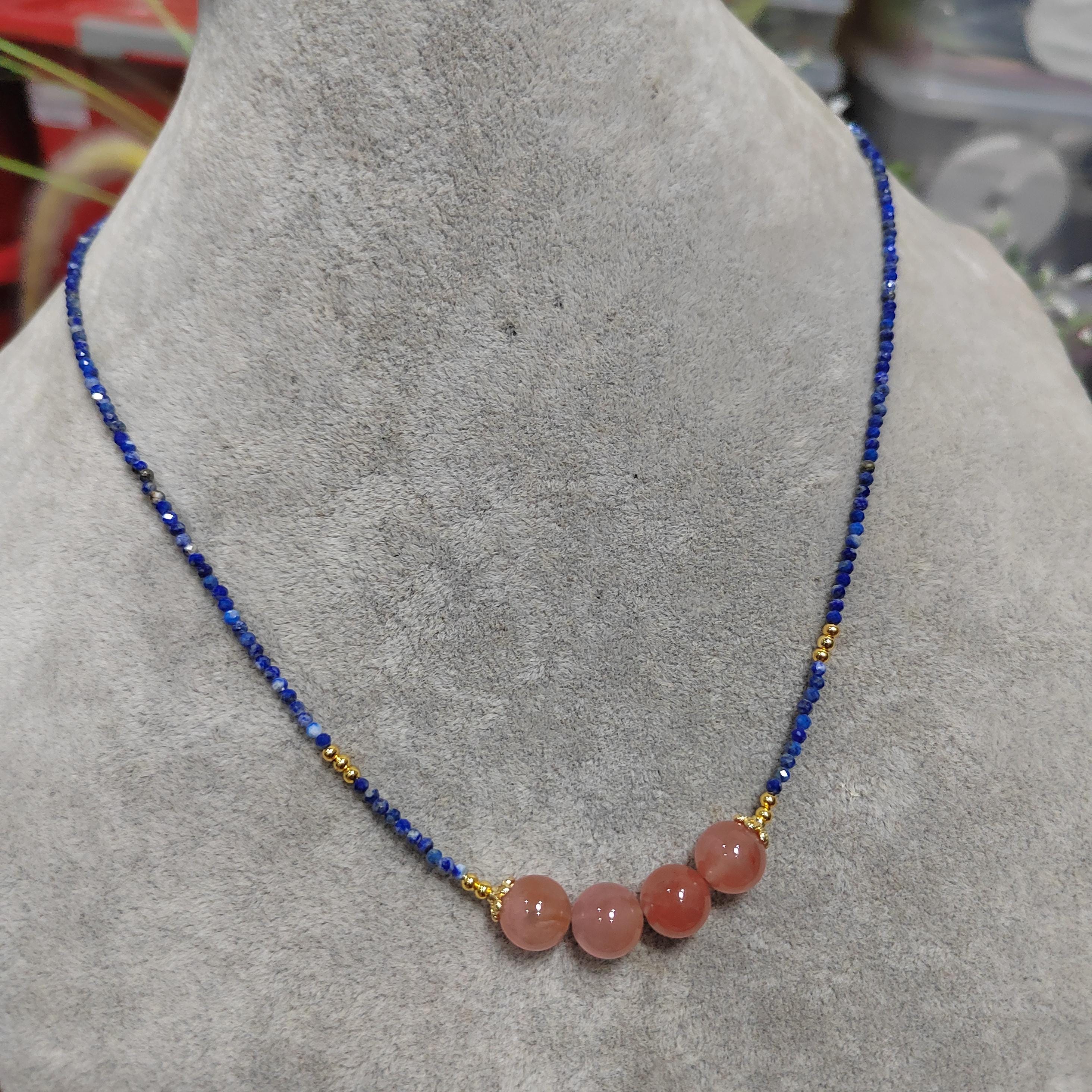 Natural Southern Nanhong Pink Agate & Afghan Lapis Lazuli Necklace, Choker, Bracelet Set SL298