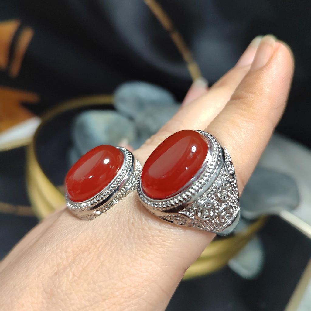 Natural Baoshan Nanhong Icy Red Agate Large Men’s Ring | Adjustable | Rare Collector’s Gemstone | 18K White Gold Plated SL361