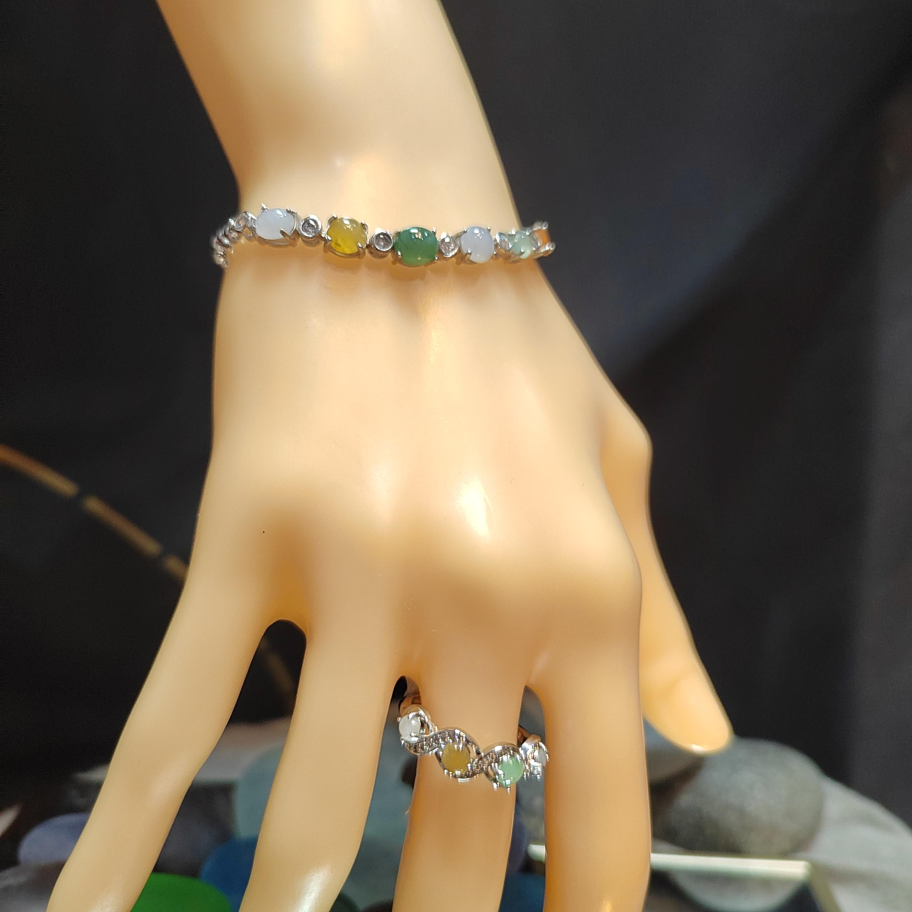 Burmese Gemstone Lucky Color Natural Jadeite Bracelet & Ring Set 925 Silver Plated with 18K White Gold Zircon Accent For Her Minimalist SL08 - SL Precious