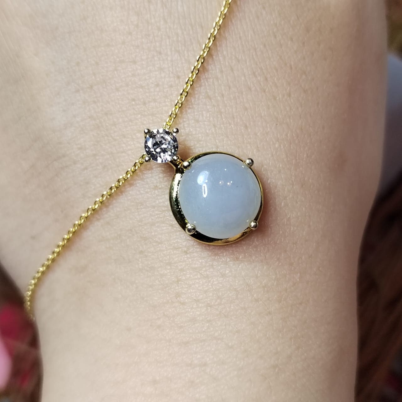 Certified Minimalist Pendant Elegant A-Grade Natural Untreated White Round Jadeite with Zirconia 18K Yellow Gold  Gift for Mom, Wife SL042 - SL Precious