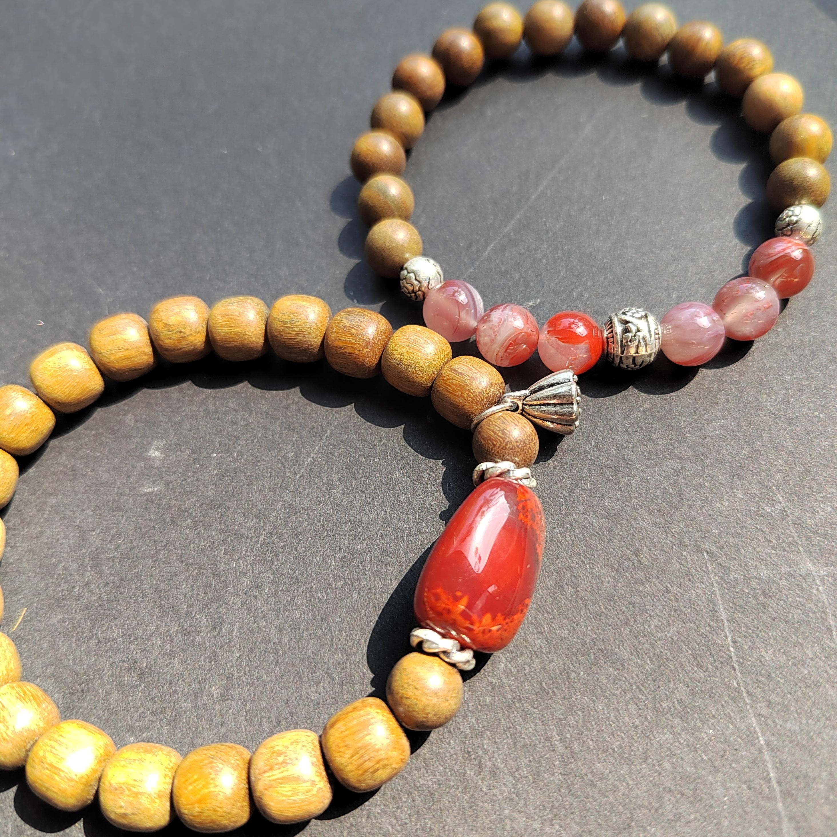 Nanhong Agate & Sandalwood Bracelet: 999 Silver Beads, Aromatherapy Jewelry SL403