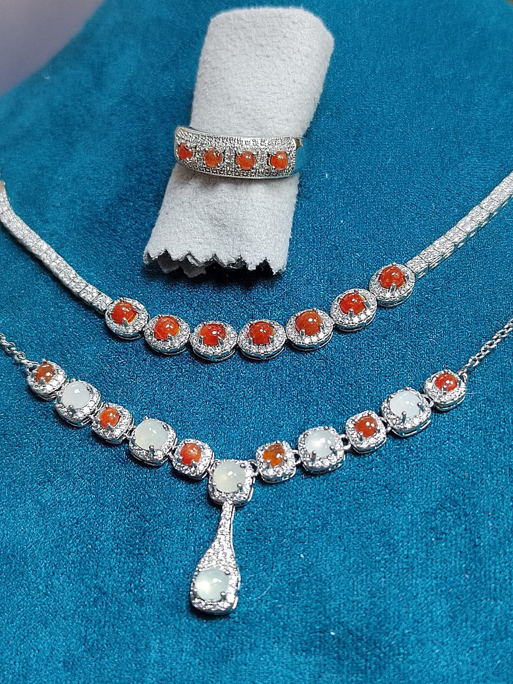 Women 3 pcs Set Necklaces, Bracelets, Ring  Elegant Burmese A Grade Red/white Icy Natural Jadeite Zirconia Stone S925 Silver For Her SL131 - SL Precious