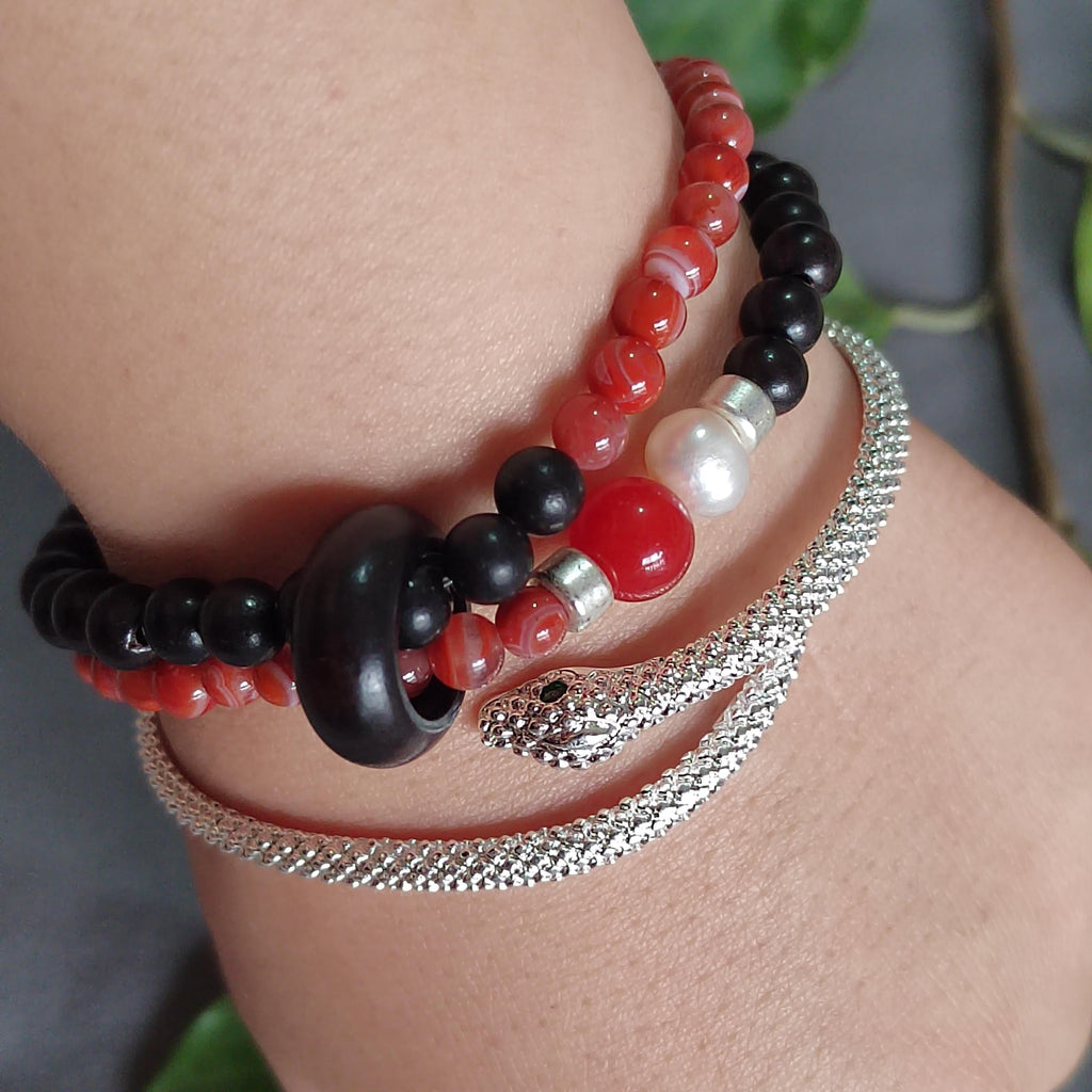 Handmade Stacking Bracelet Set | Ebony, Sandalwood, Pearl & Lapis with Natural Agate Beads | SL404